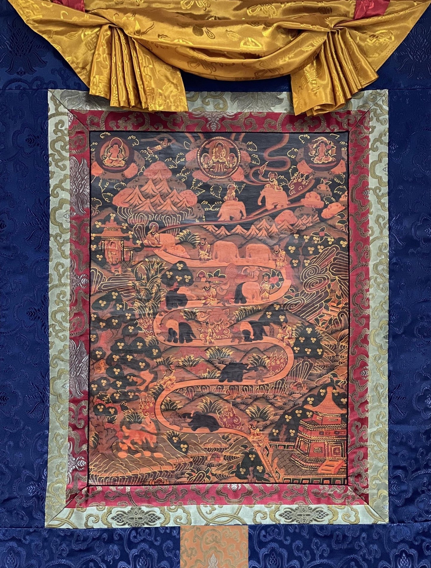 Original Hand - painted Elephant Path Samatha Meditation / Way to Nirvana Old Oil - Varnished Tibetan Thangka Painting with Silk Brocade - Tibetan Thangka Art