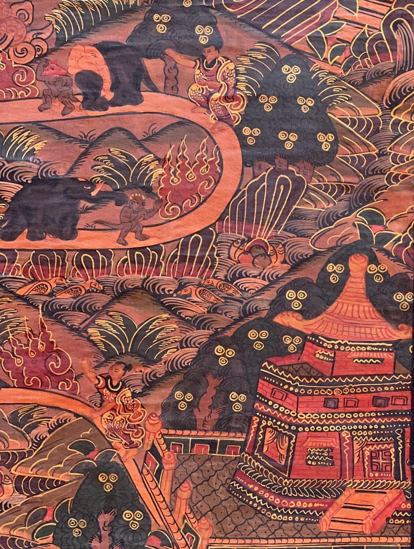 Original Hand - painted Elephant Path Samatha Meditation / Way to Nirvana Old Oil - Varnished Tibetan Thangka Painting with Silk Brocade - Tibetan Thangka Art
