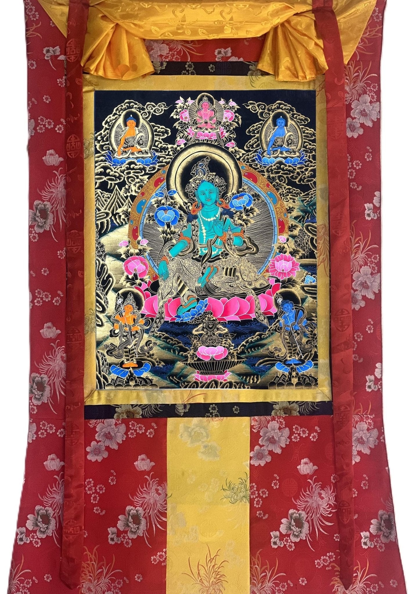 Original Hand Painted Green Tara Compassion / Meditation Black and Gold Tibetan Thangka / Thanka Painting With Silk Brocade - Tibetan Thangka Art