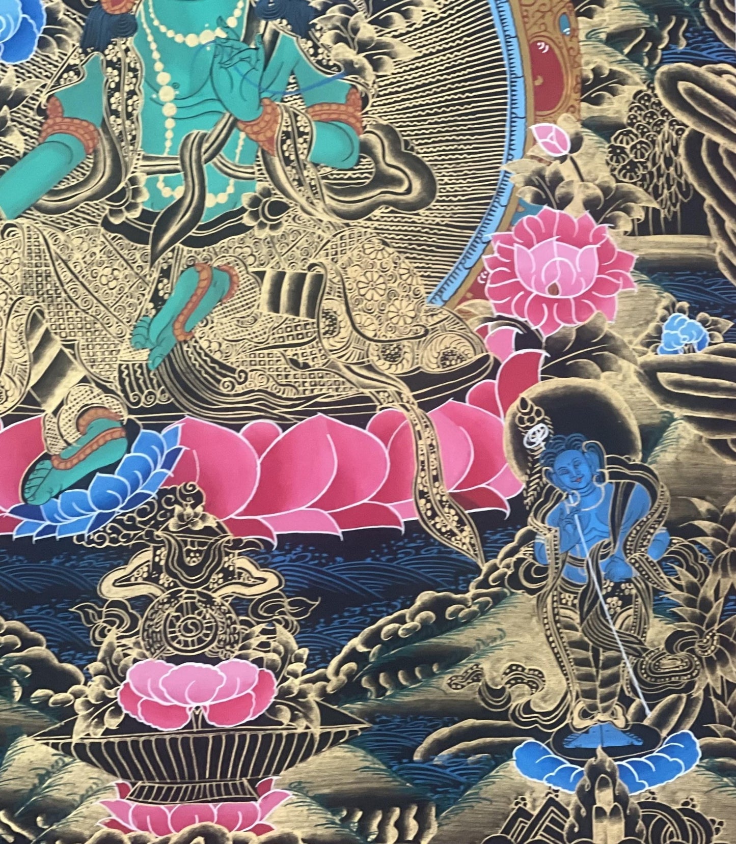 Original Hand Painted Green Tara Compassion / Meditation Black and Gold Tibetan Thangka / Thanka Painting With Silk Brocade - Tibetan Thangka Art
