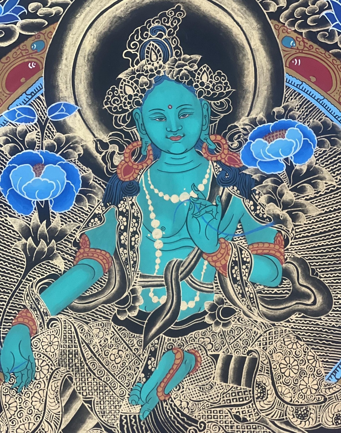 Original Hand Painted Green Tara Compassion / Meditation Black and Gold Tibetan Thangka / Thanka Painting With Silk Brocade - Tibetan Thangka Art