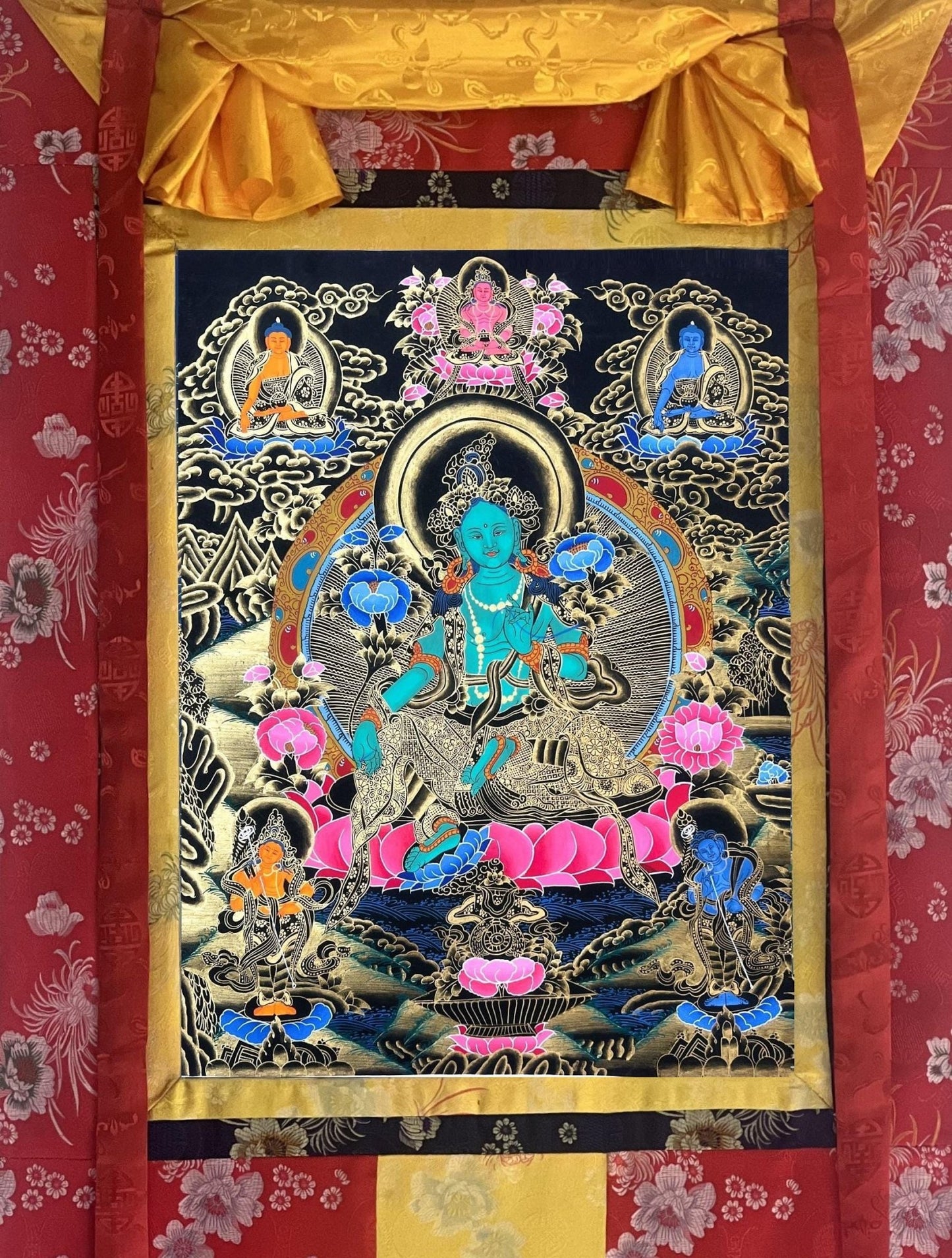 Original Hand Painted Green Tara Compassion / Meditation Black and Gold Tibetan Thangka / Thanka Painting With Silk Brocade - Tibetan Thangka Art