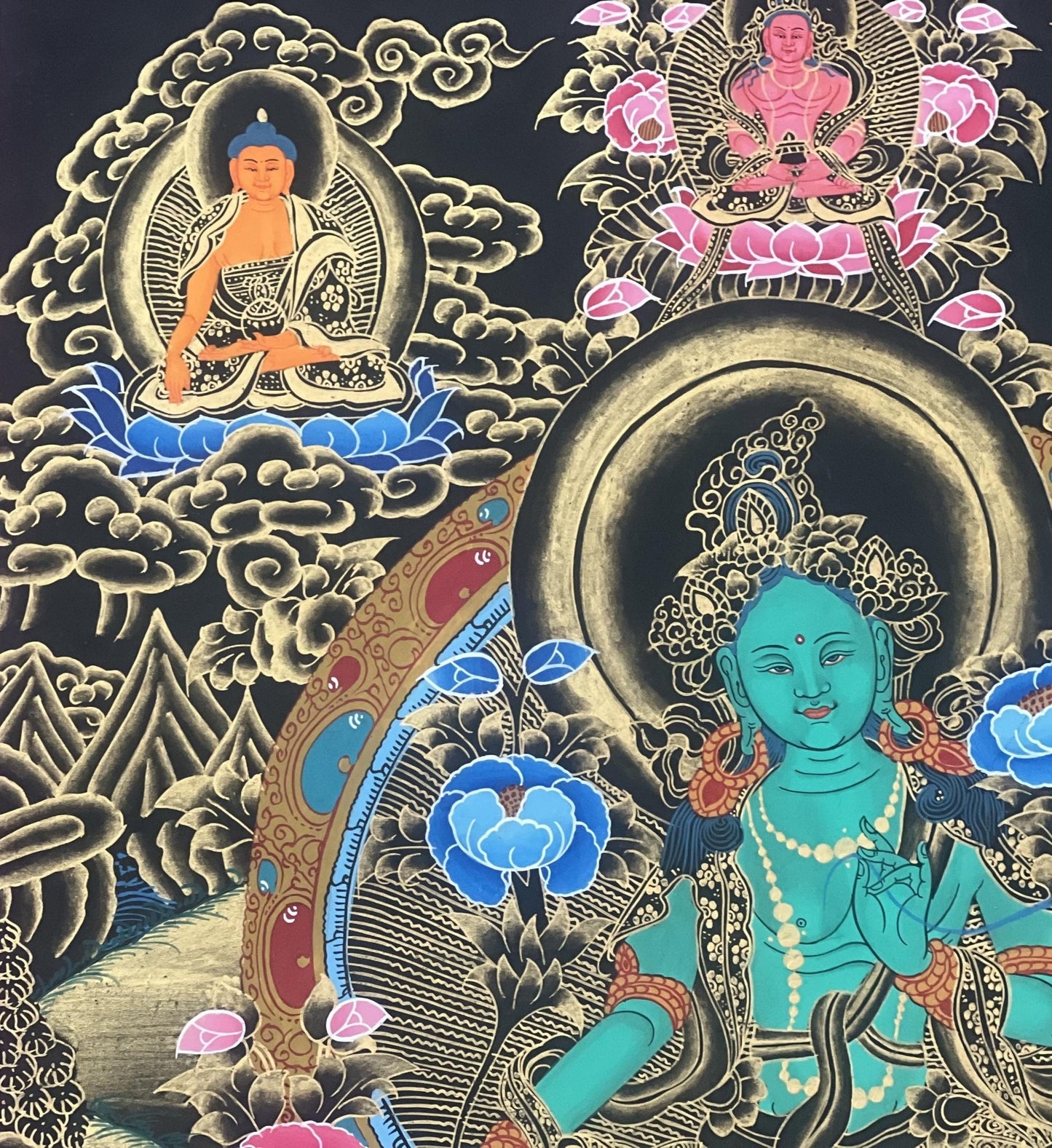 Original Hand Painted Green Tara Compassion / Meditation Black and Gold Tibetan Thangka / Thanka Painting With Silk Brocade - Tibetan Thangka Art