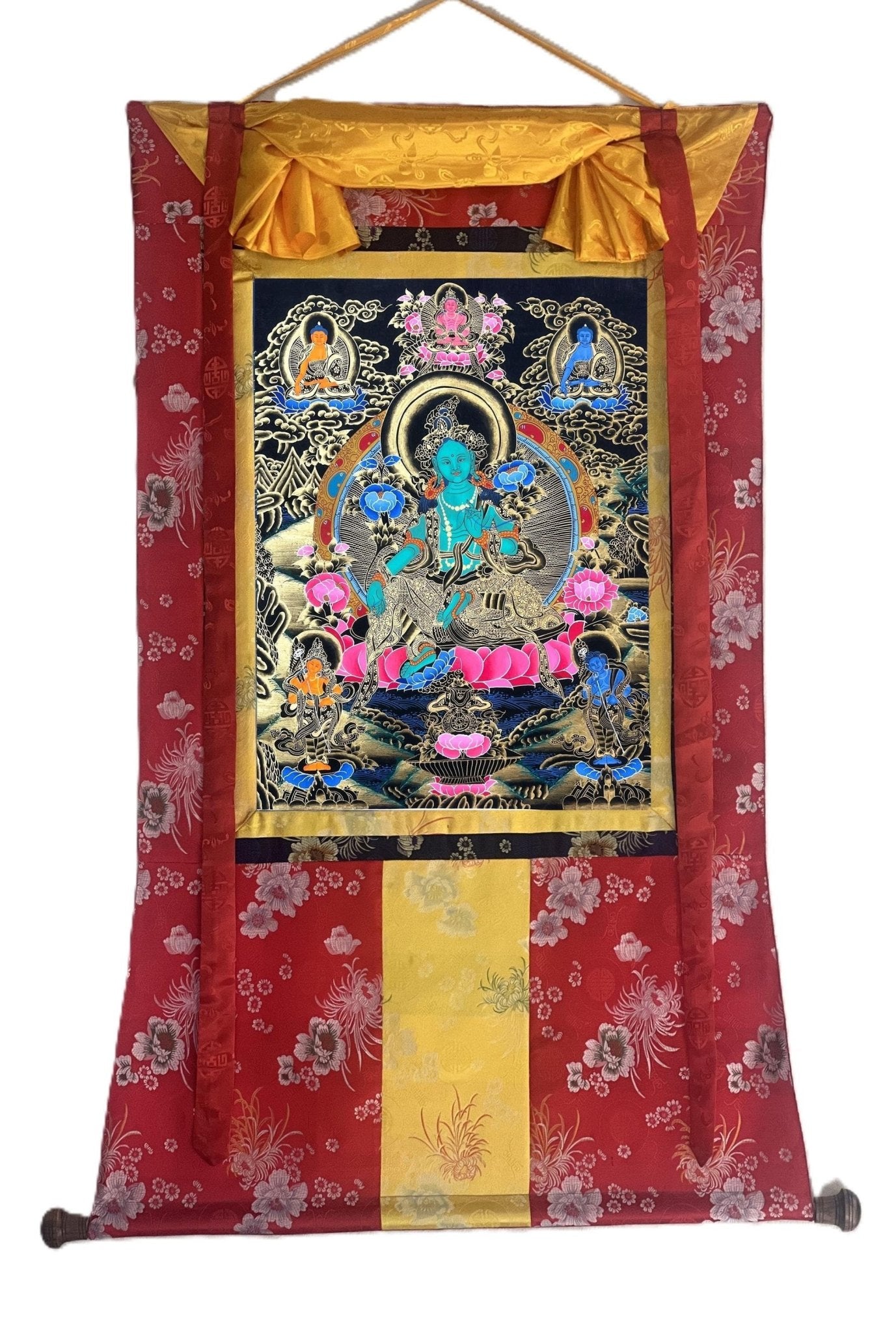Original Hand Painted Green Tara Compassion / Meditation Black and Gold Tibetan Thangka / Thanka Painting With Silk Brocade - Tibetan Thangka Art