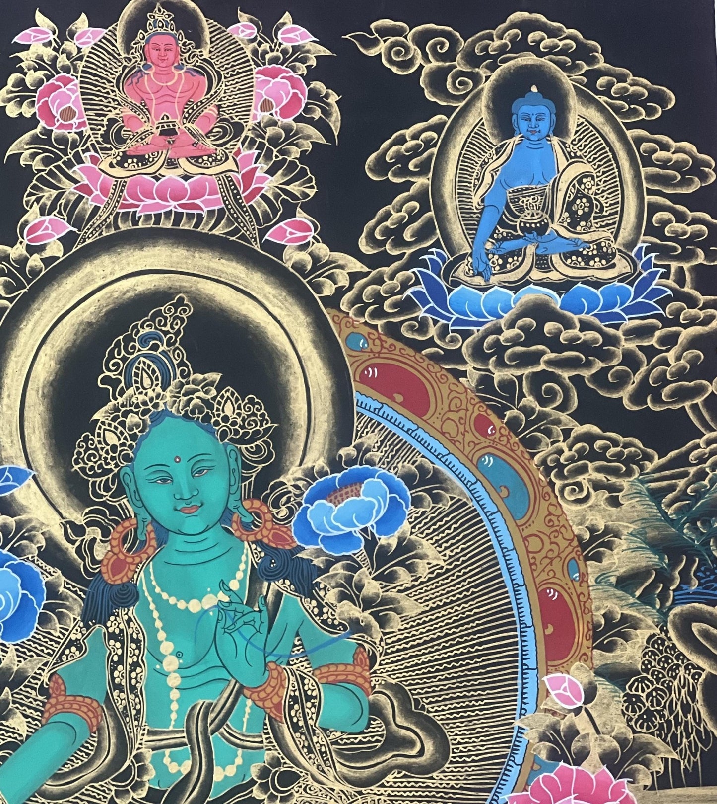 Original Hand Painted Green Tara Compassion / Meditation Black and Gold Tibetan Thangka / Thanka Painting With Silk Brocade - Tibetan Thangka Art