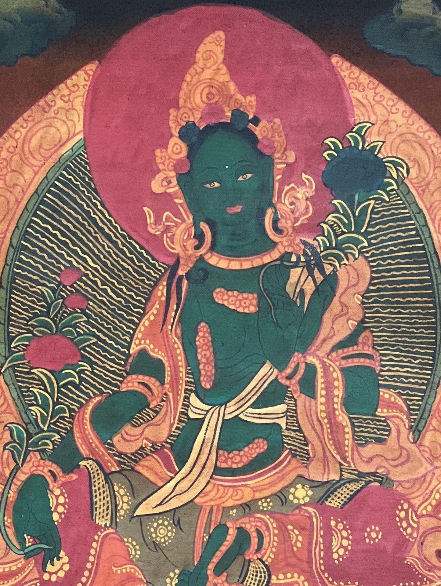Original Hand - painted Green Tara/ Mother Goddess Oil Varnished Tibetan Thangka Painting with Silk Brocade - Tibetan Thangka Art