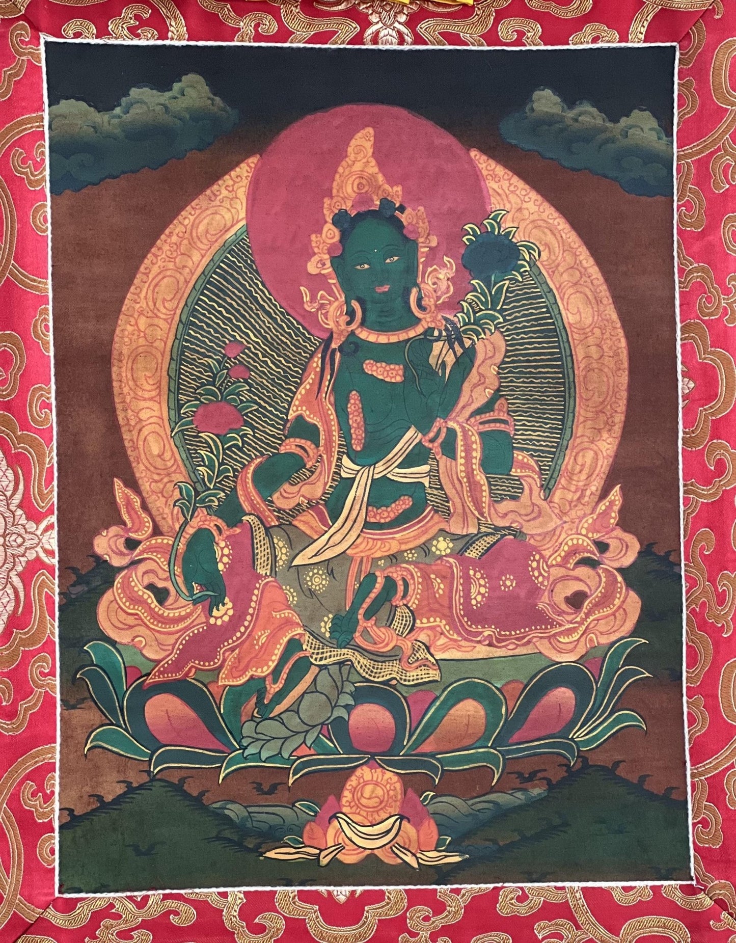 Original Hand - painted Green Tara/ Mother Goddess Oil Varnished Tibetan Thangka Painting with Silk Brocade - Tibetan Thangka Art