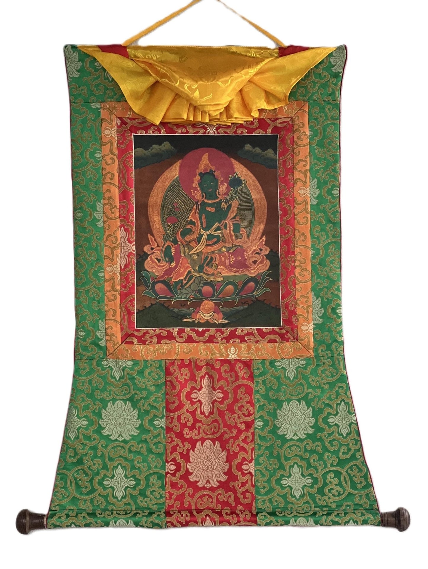 Original Hand - painted Green Tara/ Mother Goddess Oil Varnished Tibetan Thangka Painting with Silk Brocade - Tibetan Thangka Art