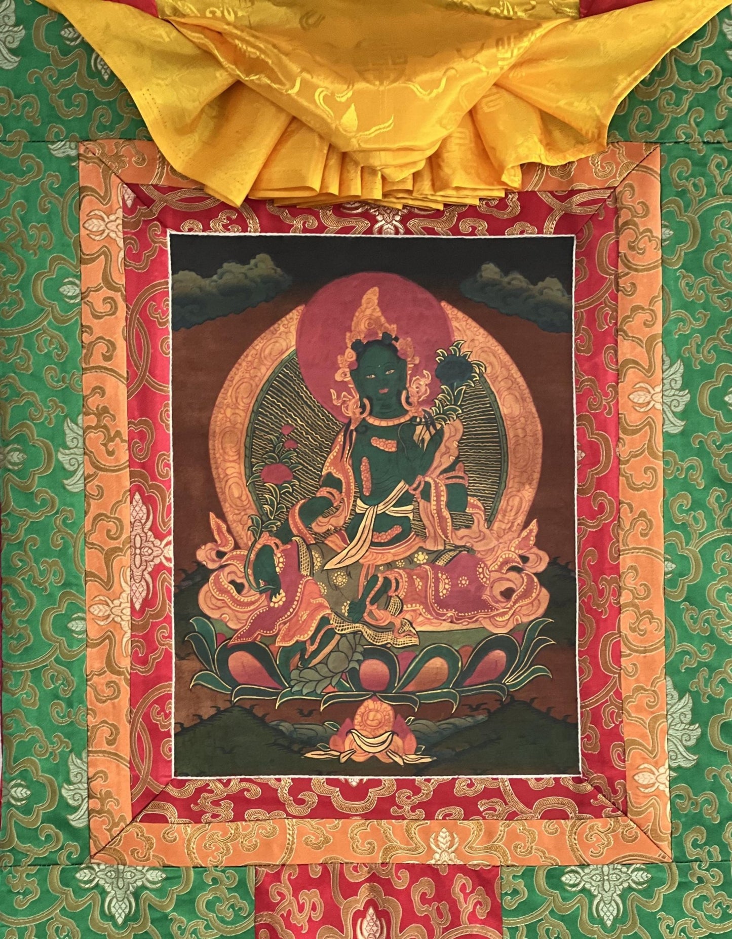 Original Hand - painted Green Tara/ Mother Goddess Oil Varnished Tibetan Thangka Painting with Silk Brocade - Tibetan Thangka Art