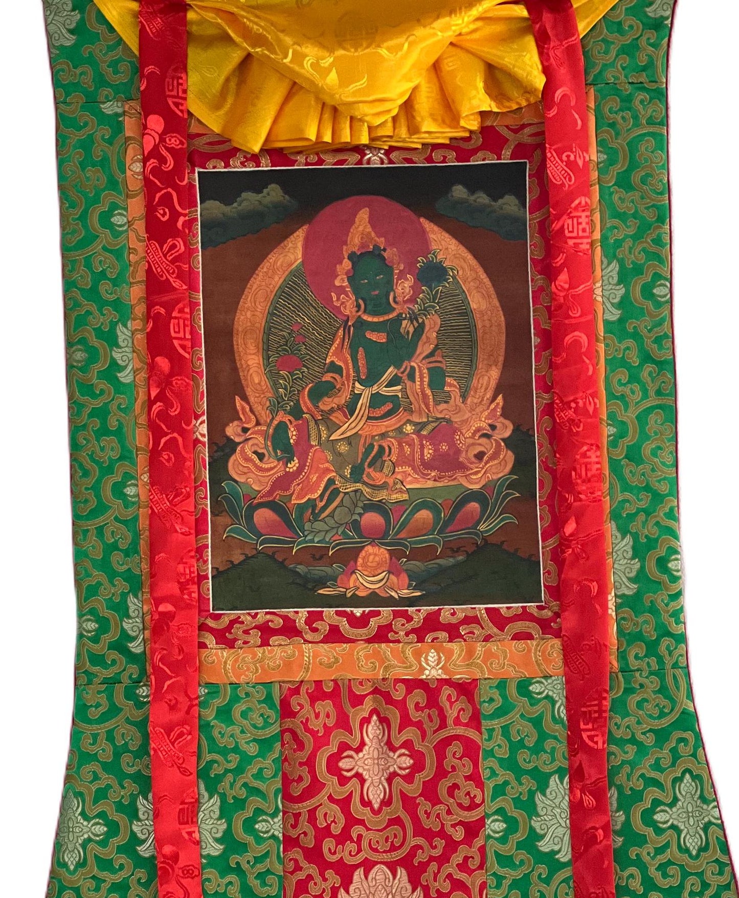 Original Hand - painted Green Tara/ Mother Goddess Oil Varnished Tibetan Thangka Painting with Silk Brocade - Tibetan Thangka Art
