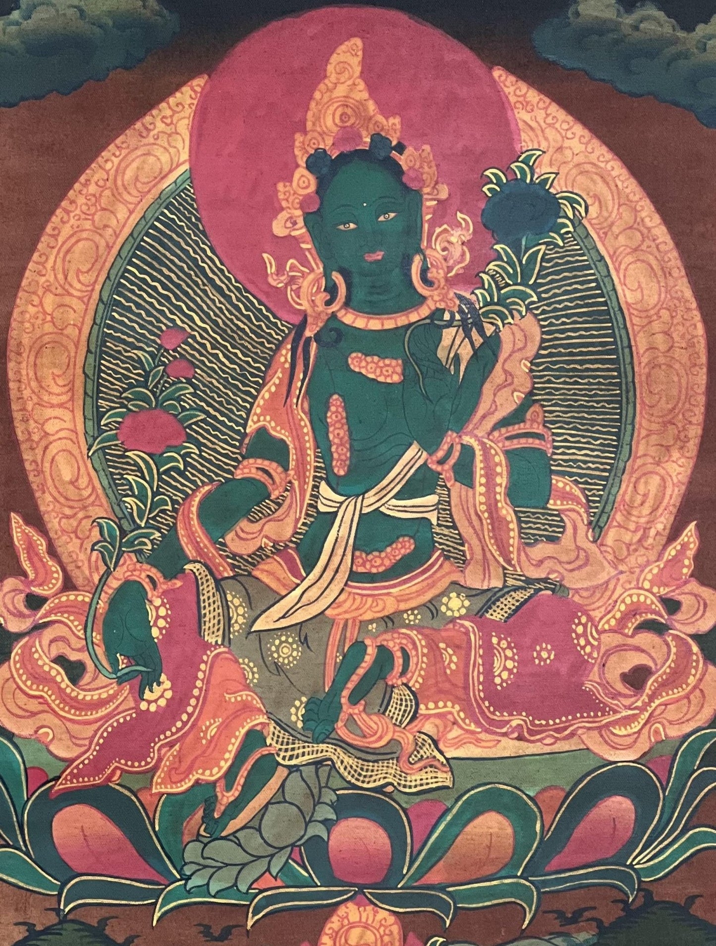 Original Hand - painted Green Tara/ Mother Goddess Oil Varnished Tibetan Thangka Painting with Silk Brocade - Tibetan Thangka Art