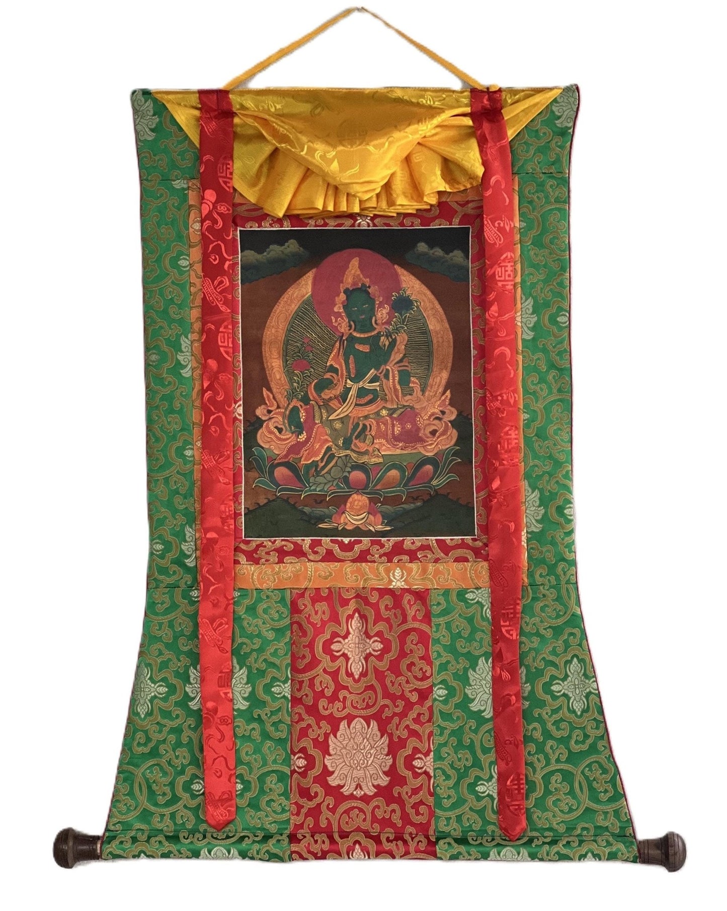 Original Hand - painted Green Tara/ Mother Goddess Oil Varnished Tibetan Thangka Painting with Silk Brocade - Tibetan Thangka Art
