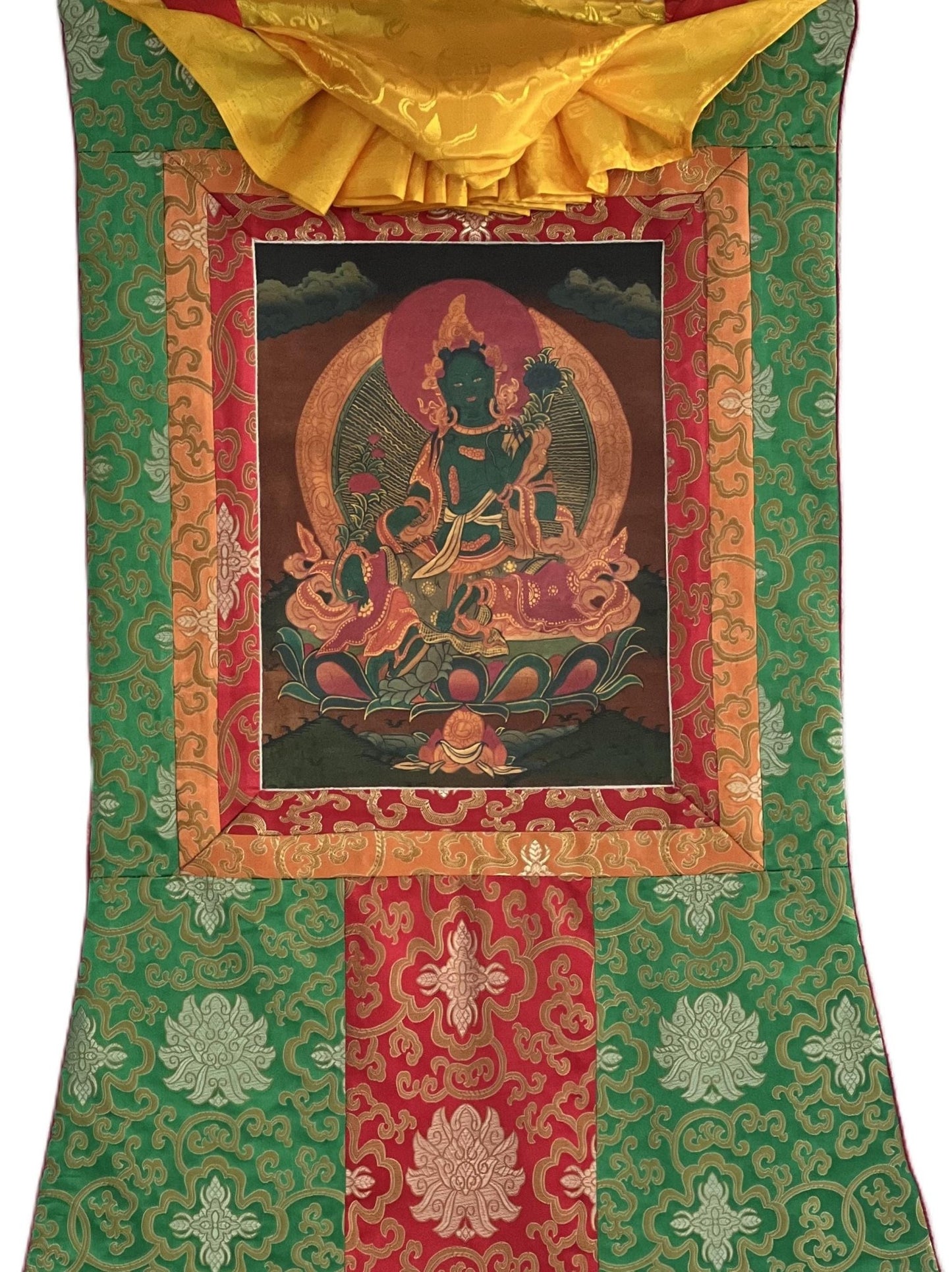 Original Hand - painted Green Tara/ Mother Goddess Oil Varnished Tibetan Thangka Painting with Silk Brocade - Tibetan Thangka Art