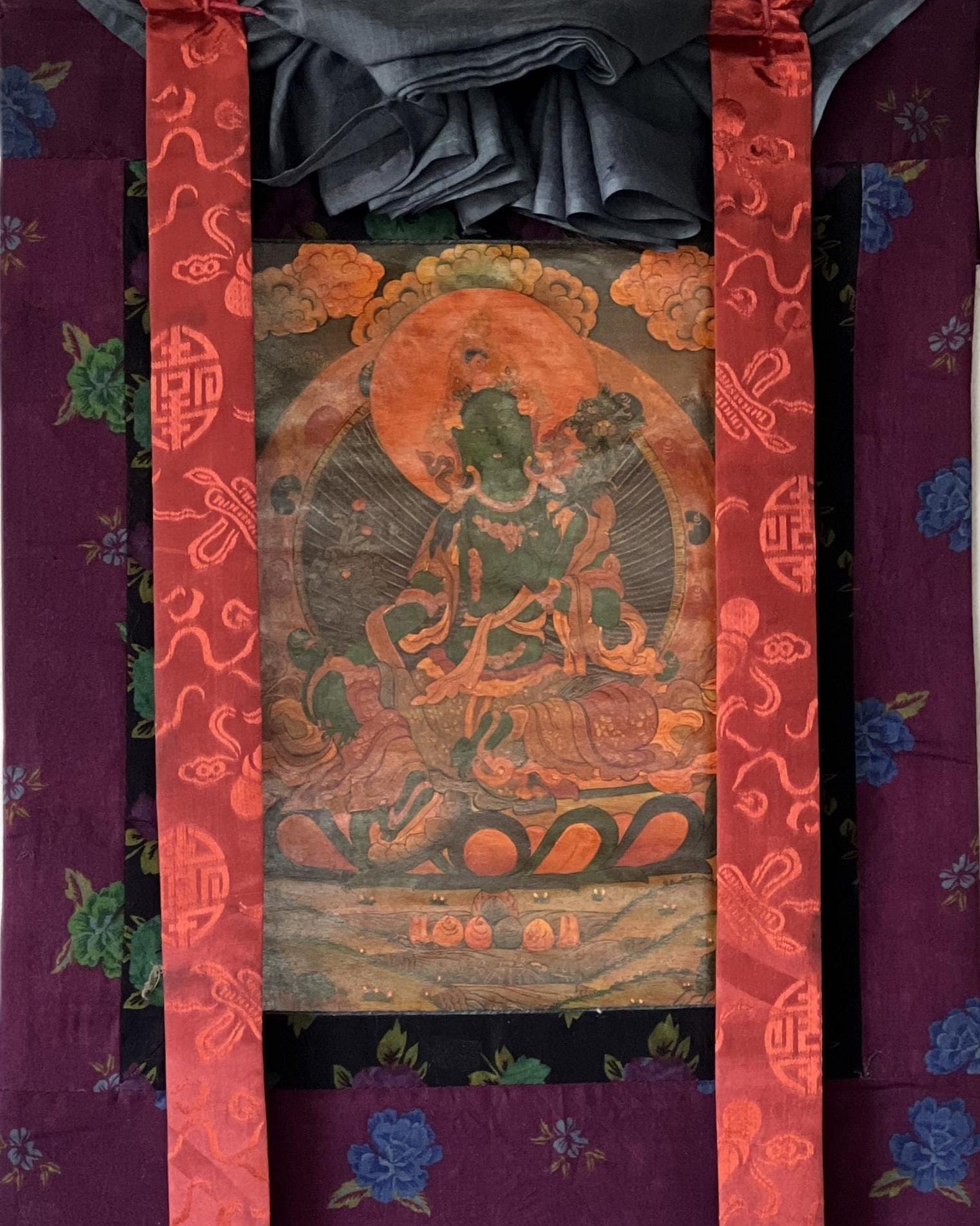 Original Hand - painted Green Tara/ Mother Goddess Old Oil Varnished Tibetan Thangka Painting framed with Cotton Brocade - Tibetan Thangka Art