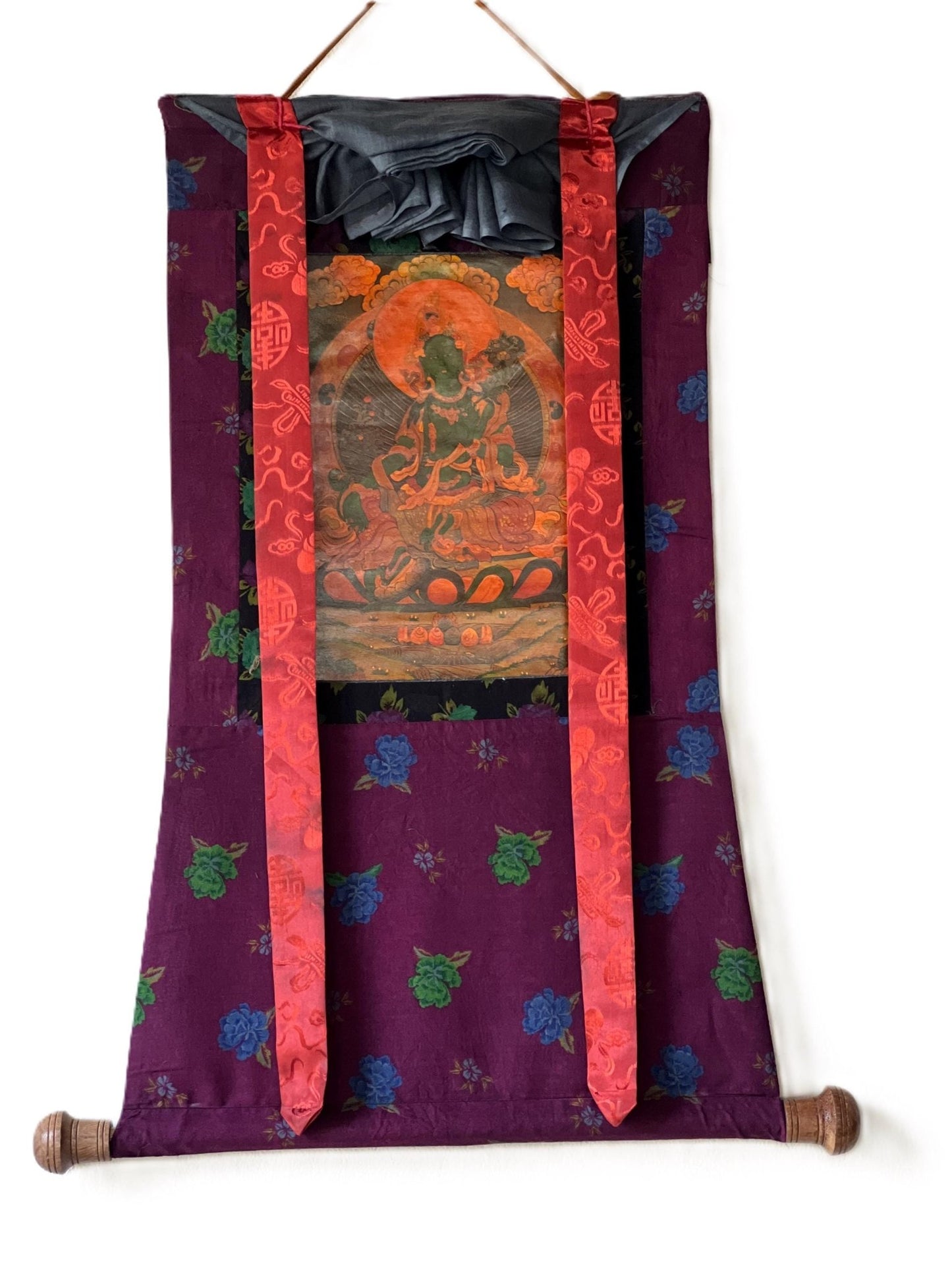 Original Hand - painted Green Tara/ Mother Goddess Old Oil Varnished Tibetan Thangka Painting framed with Cotton Brocade - Tibetan Thangka Art