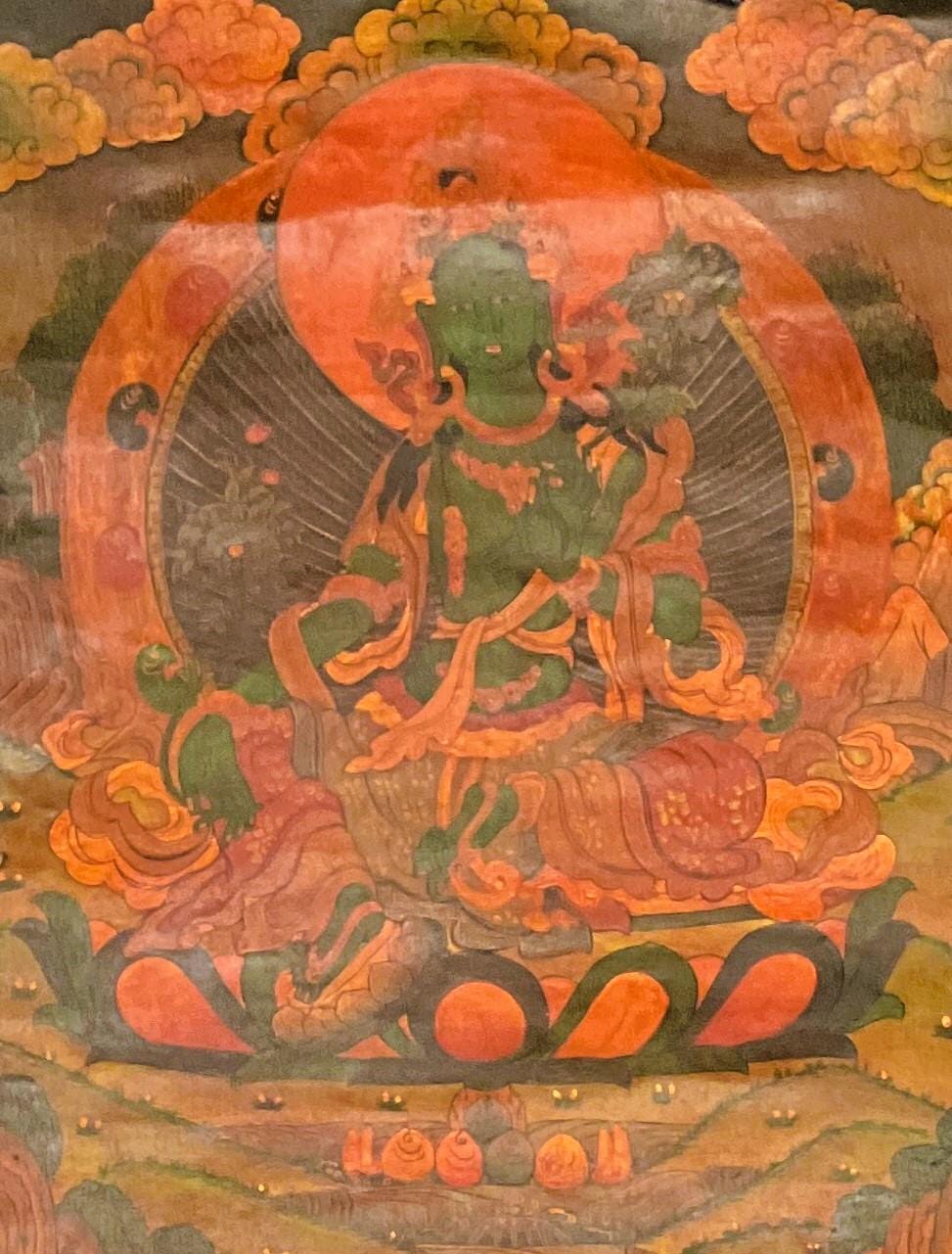 Original Hand - painted Green Tara/ Mother Goddess Old Oil Varnished Tibetan Thangka Painting framed with Cotton Brocade - Tibetan Thangka Art