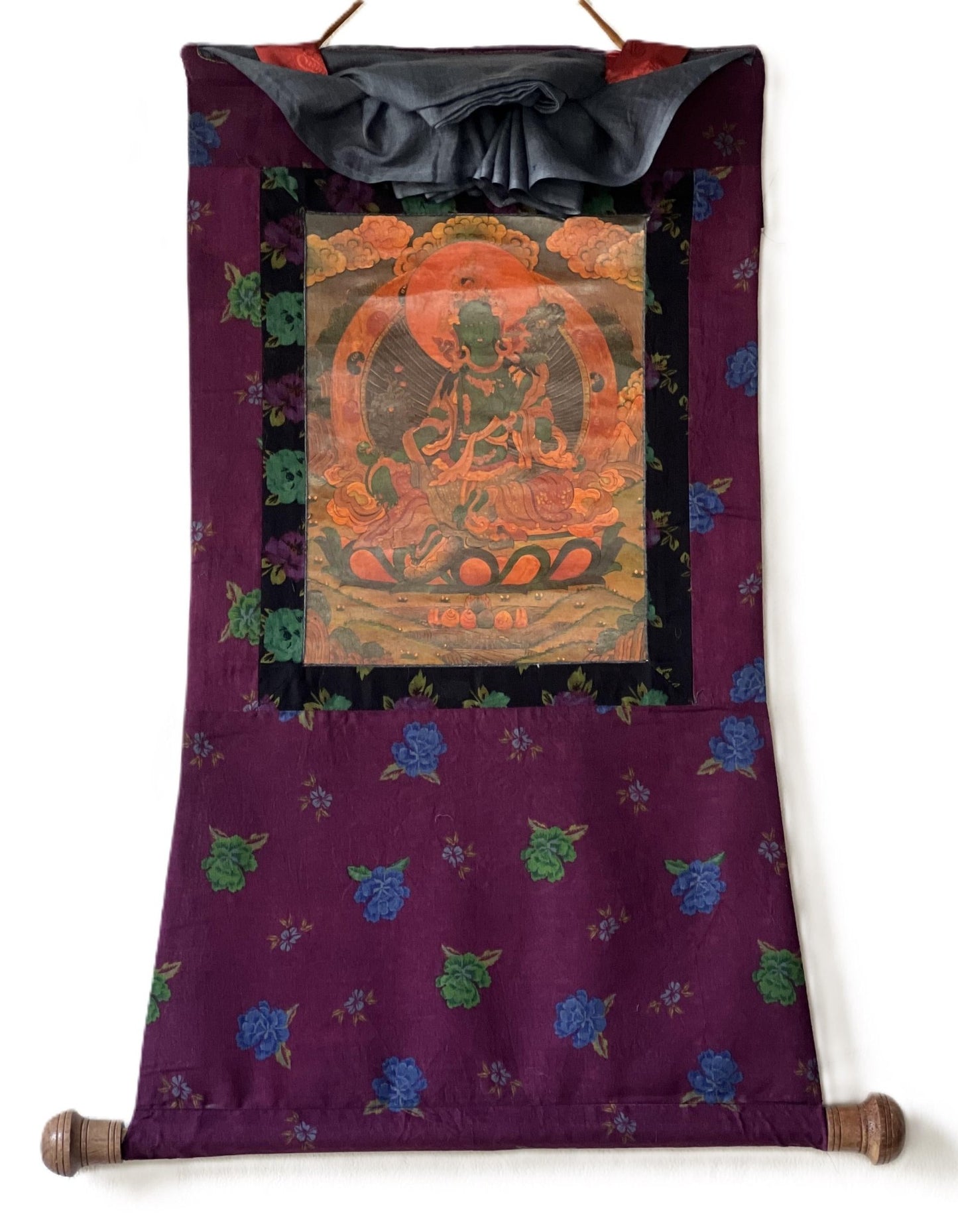 Original Hand - painted Green Tara/ Mother Goddess Old Oil Varnished Tibetan Thangka Painting framed with Cotton Brocade - Tibetan Thangka Art