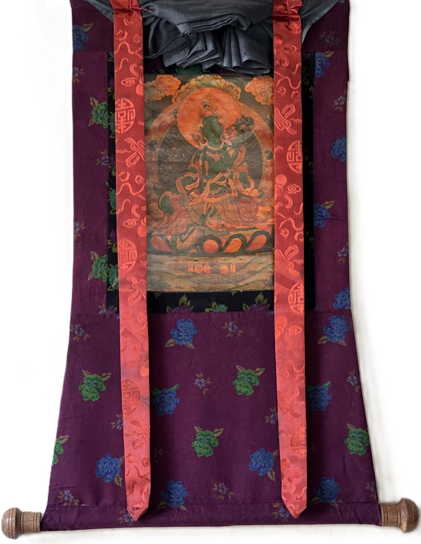 Original Hand - painted Green Tara/ Mother Goddess Old Oil Varnished Tibetan Thangka Painting framed with Cotton Brocade - Tibetan Thangka Art
