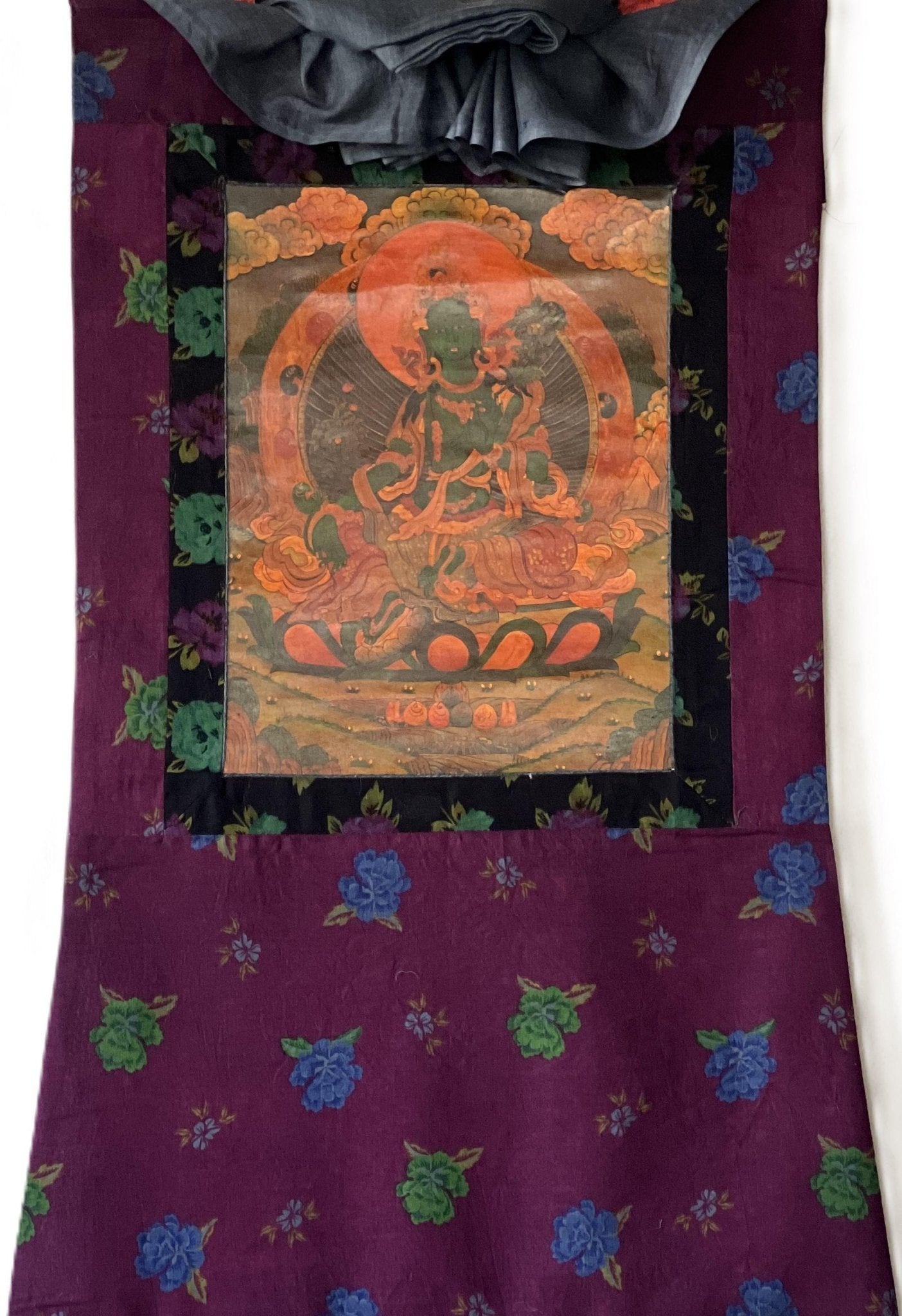 Original Hand - painted Green Tara/ Mother Goddess Old Oil Varnished Tibetan Thangka Painting framed with Cotton Brocade - Tibetan Thangka Art