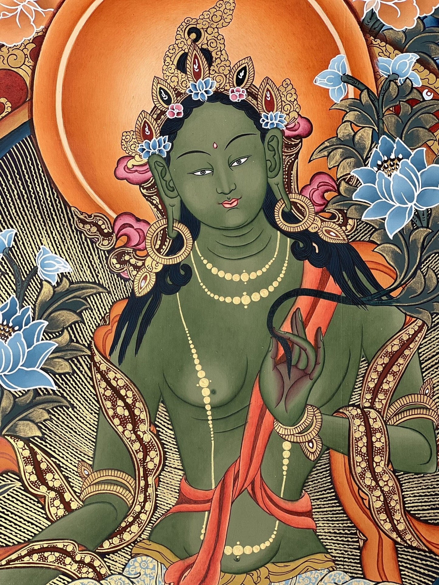 Original Hand painted GreenTara Mother Goddess Masterpiece Large Tibetan Thangka /Thangka Painting/ Compassion Meditation Art from Nepal - Tibetan Thangka Art