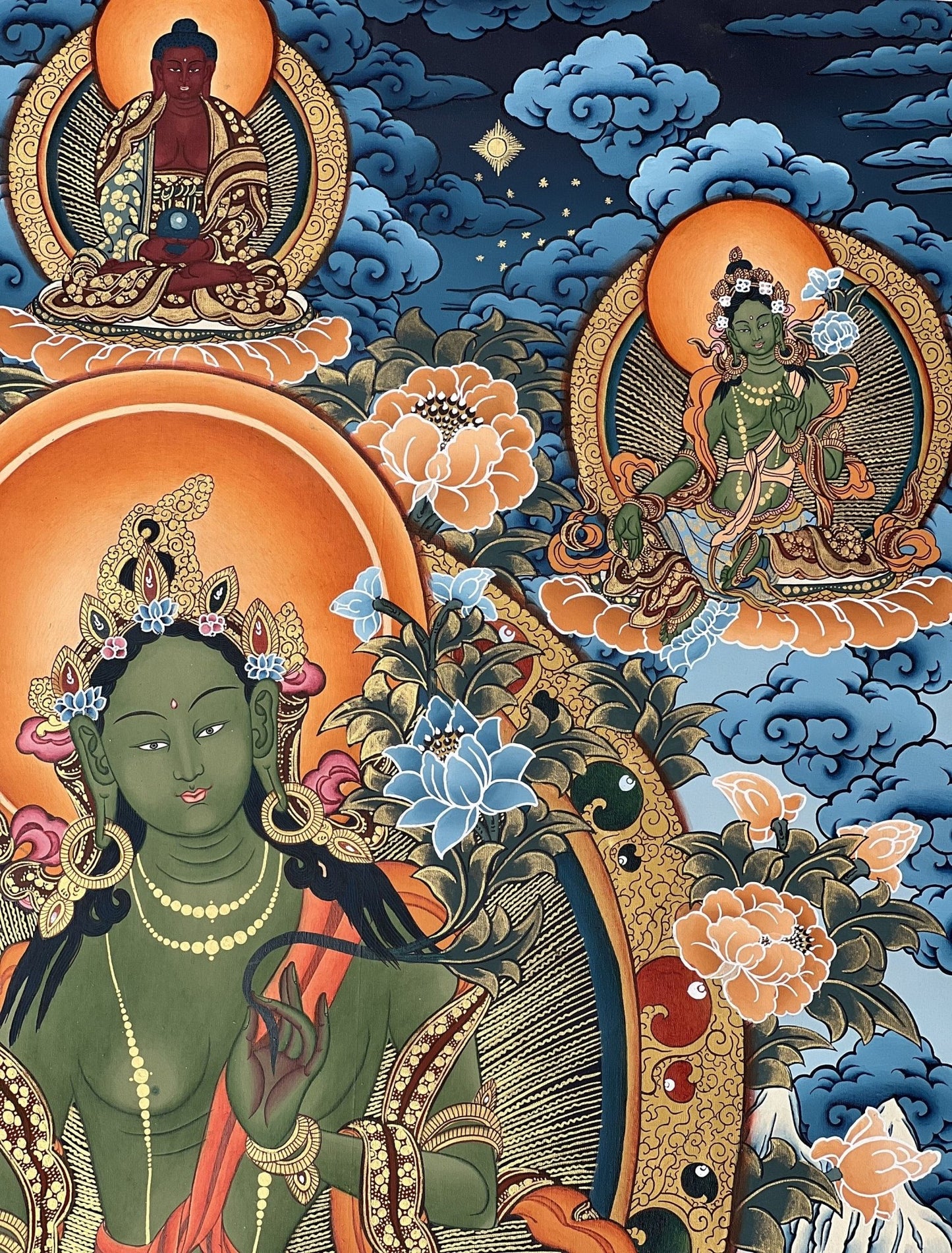 Original Hand painted GreenTara Mother Goddess Masterpiece Large Tibetan Thangka /Thangka Painting/ Compassion Meditation Art from Nepal - Tibetan Thangka Art