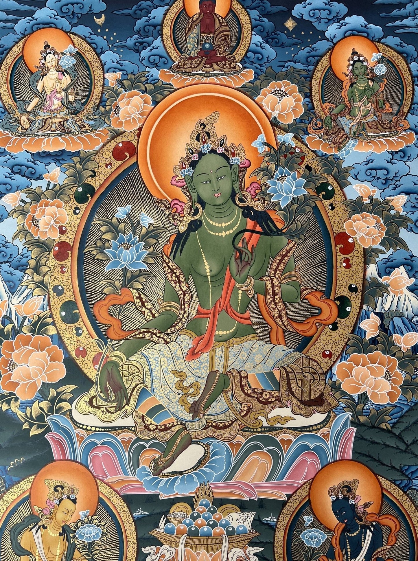Original Hand painted GreenTara Mother Goddess Masterpiece Large Tibetan Thangka /Thangka Painting/ Compassion Meditation Art from Nepal - Tibetan Thangka Art