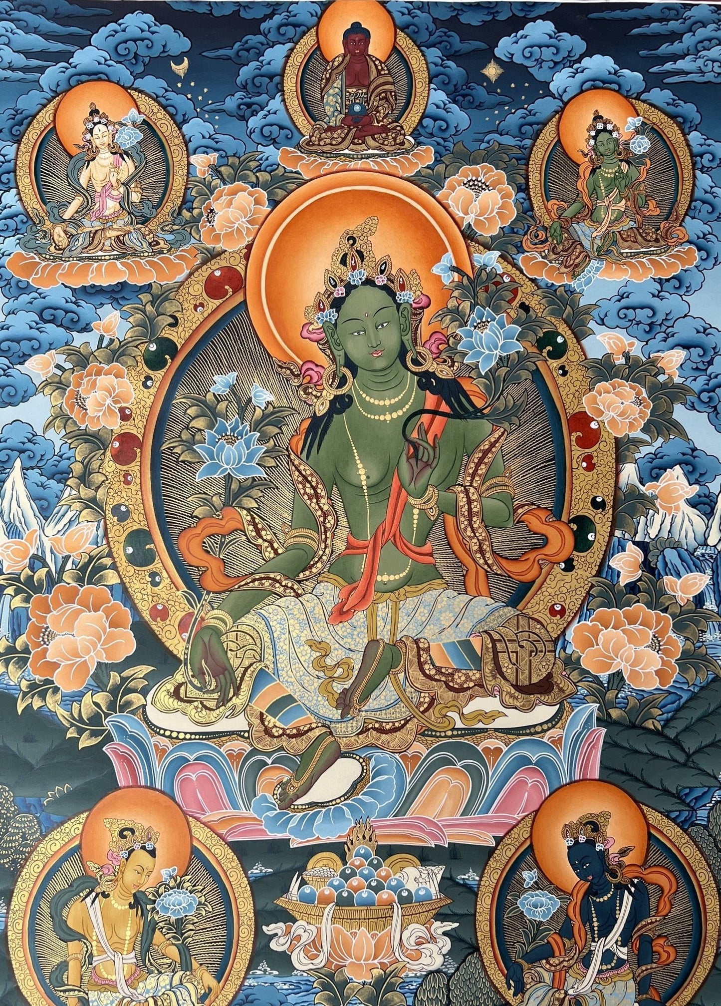 Original Hand painted GreenTara Mother Goddess Masterpiece Large Tibetan Thangka /Thangka Painting/ Compassion Meditation Art from Nepal - Tibetan Thangka Art