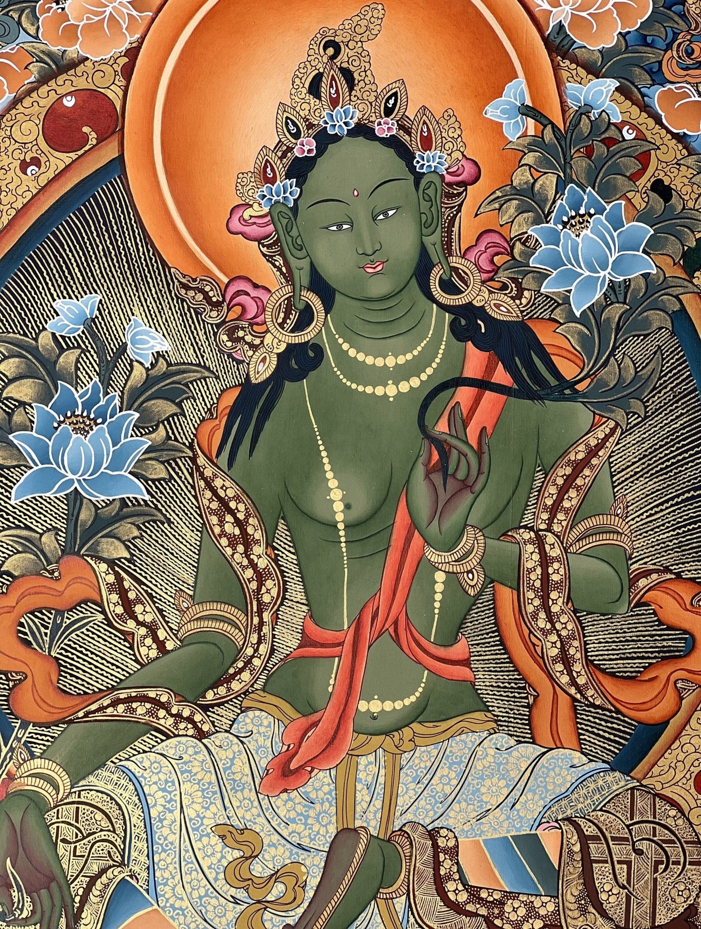 Original Hand painted GreenTara Mother Goddess Masterpiece Large Tibetan Thangka /Thangka Painting/ Compassion Meditation Art from Nepal - Tibetan Thangka Art
