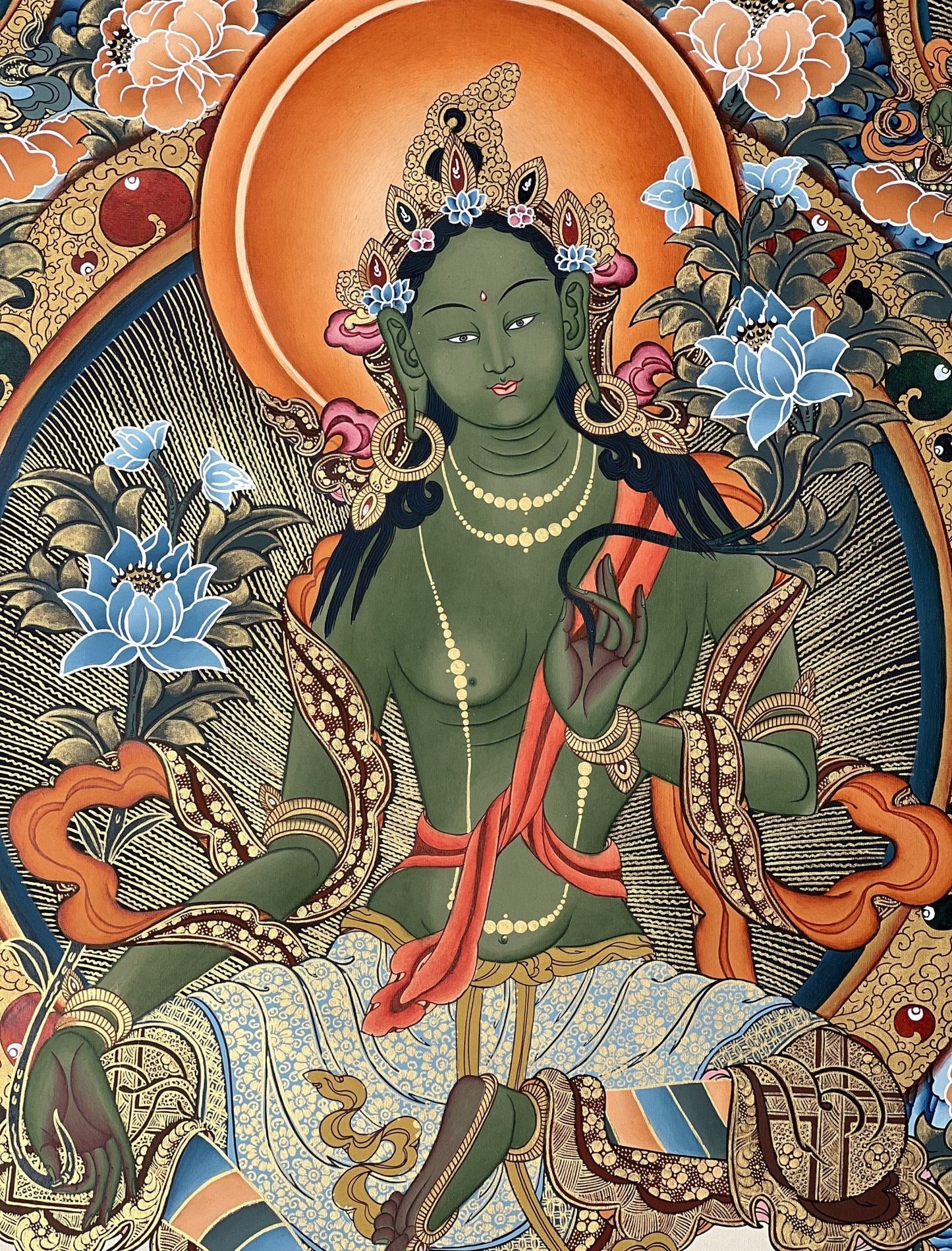 Original Hand painted GreenTara Mother Goddess Masterpiece Large Tibetan Thangka /Thangka Painting/ Compassion Meditation Art from Nepal - Tibetan Thangka Art