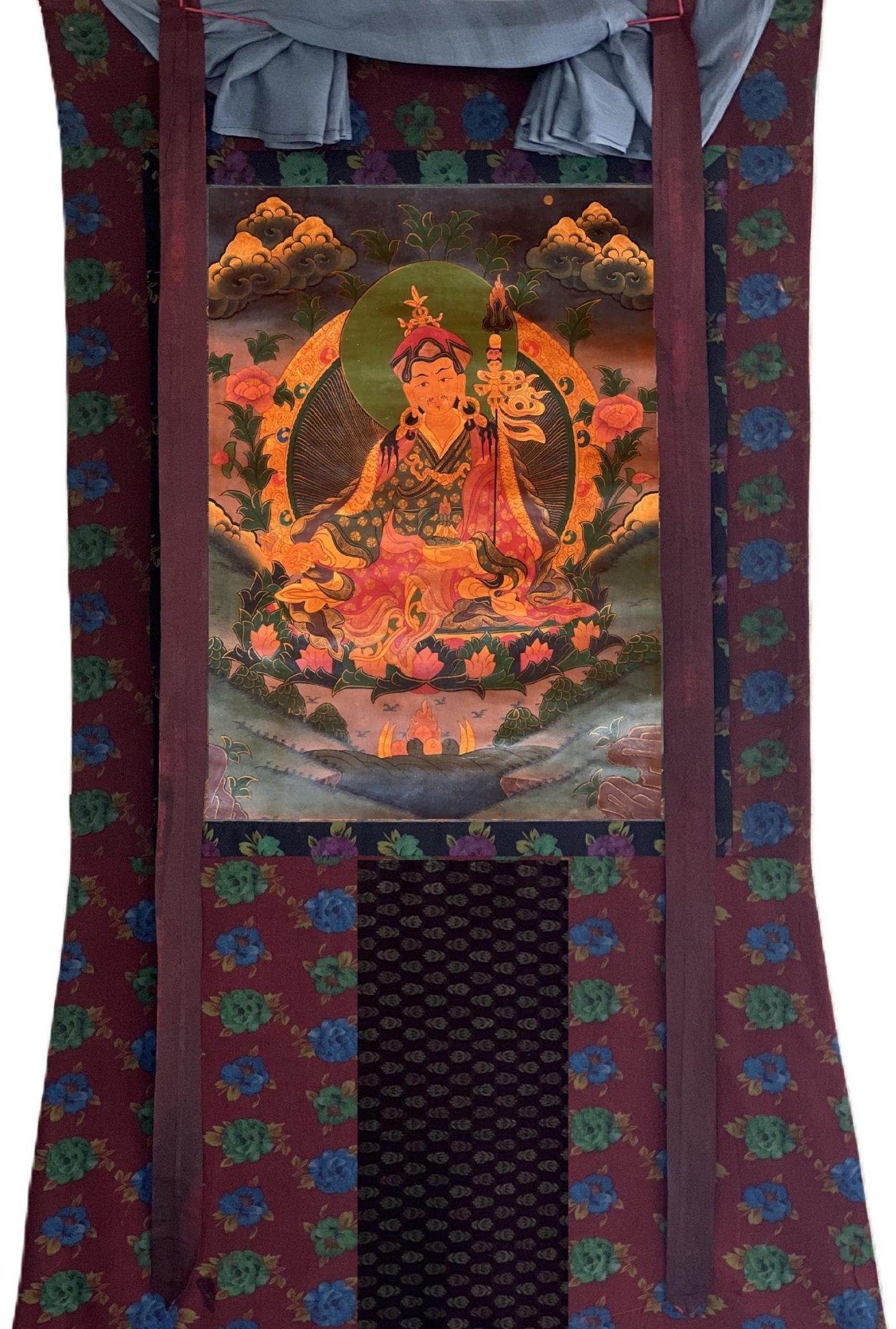 Original Hand - painted Guru Rinpoche/ PADMASAMBHAVA Precious Master Old Oil Varnished Tibetan Thangka Painting with High - Quality Cotton Frame - Tibetan Thangka Art