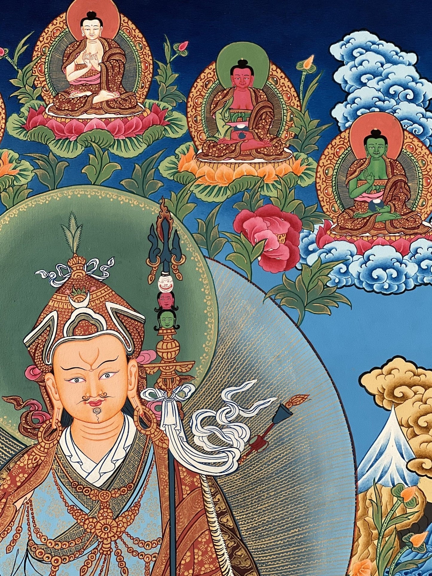 Original Hand - painted Guru Rinpoche/ PADMASAMBHAVA with Five Dhyani Buddha Masterpiece Tibetan Thangka Painting / Compassion Meditation Art - Tibetan Thangka Art