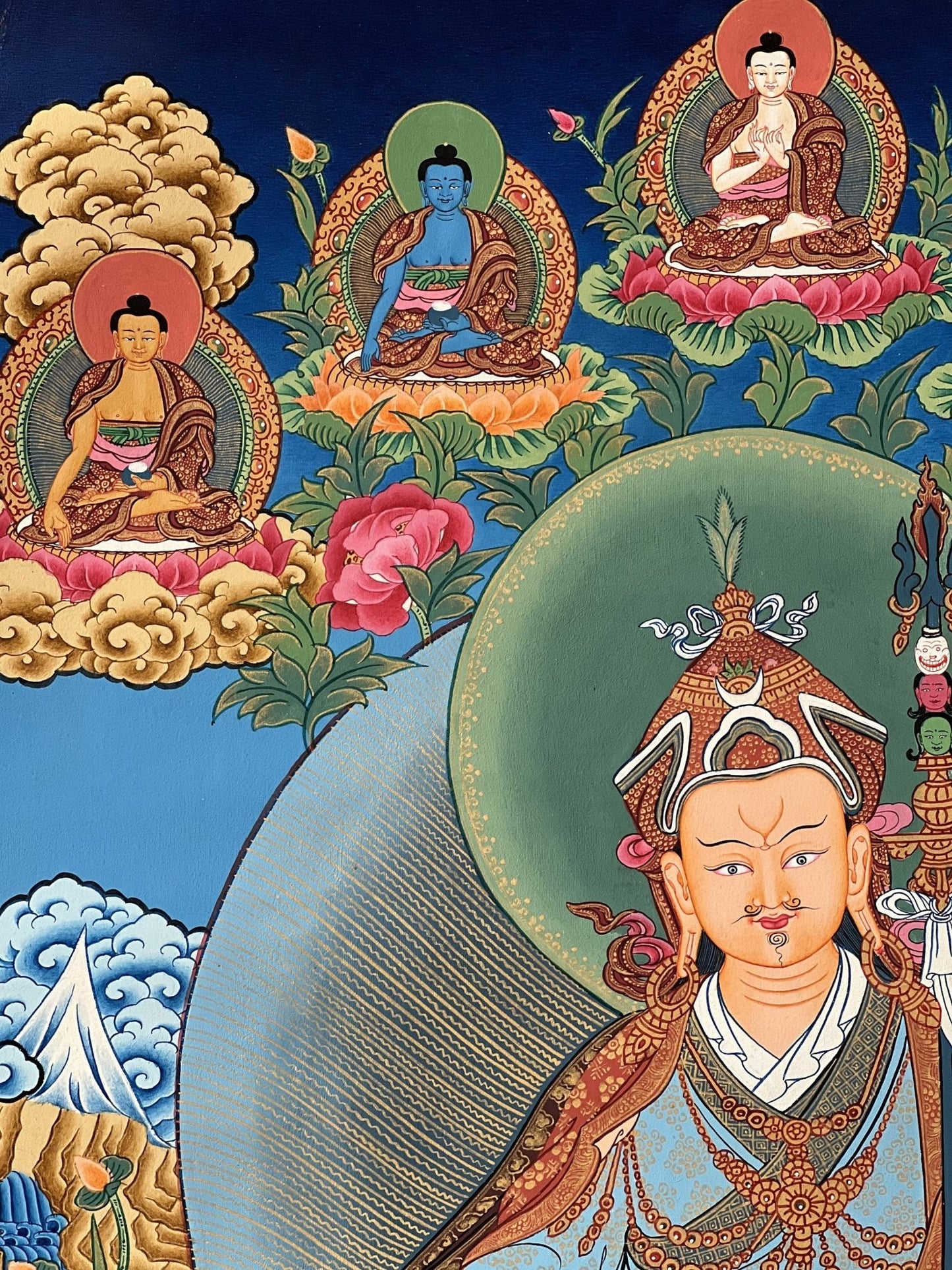 Original Hand - painted Guru Rinpoche/ PADMASAMBHAVA with Five Dhyani Buddha Masterpiece Tibetan Thangka Painting / Compassion Meditation Art - Tibetan Thangka Art