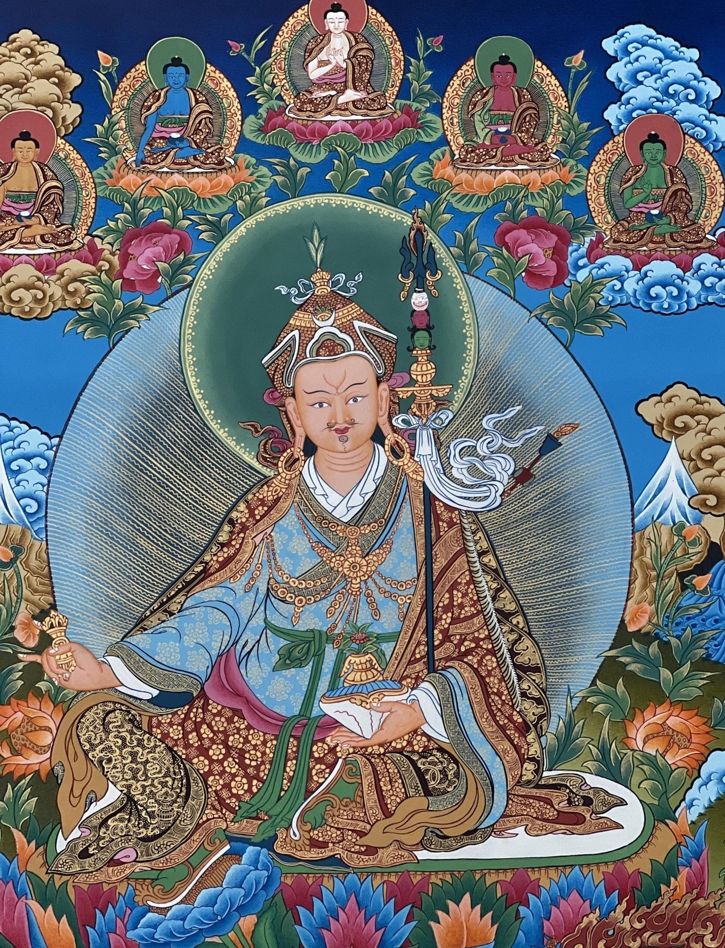 Original Hand - painted Guru Rinpoche/ PADMASAMBHAVA with Five Dhyani Buddha Masterpiece Tibetan Thangka Painting / Compassion Meditation Art - Tibetan Thangka Art