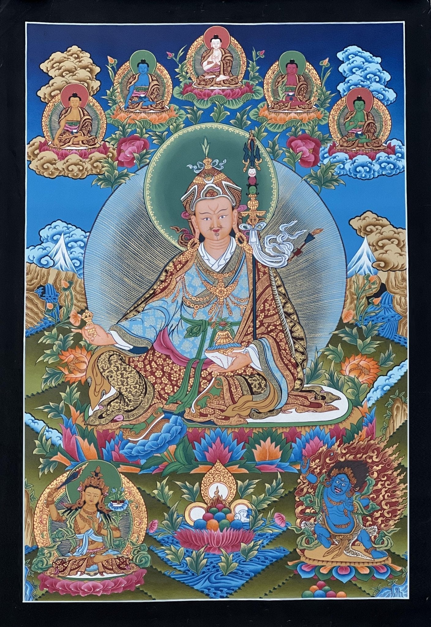 Original Hand - painted Guru Rinpoche/ PADMASAMBHAVA with Five Dhyani Buddha Masterpiece Tibetan Thangka Painting / Compassion Meditation Art - Tibetan Thangka Art