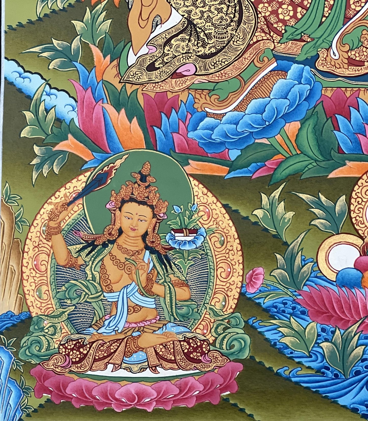 Original Hand - painted Guru Rinpoche/ PADMASAMBHAVA with Five Dhyani Buddha Masterpiece Tibetan Thangka Painting / Compassion Meditation Art - Tibetan Thangka Art
