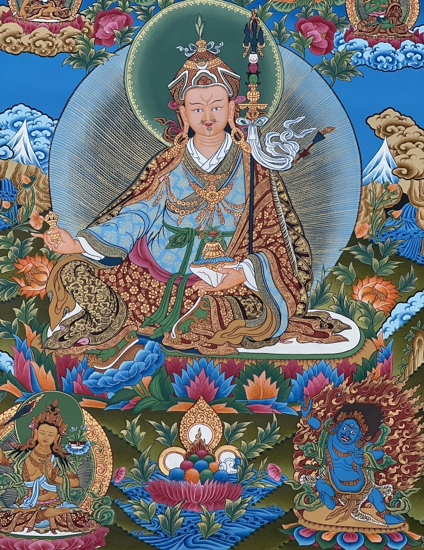 Original Hand - painted Guru Rinpoche/ PADMASAMBHAVA with Five Dhyani Buddha Masterpiece Tibetan Thangka Painting / Compassion Meditation Art - Tibetan Thangka Art