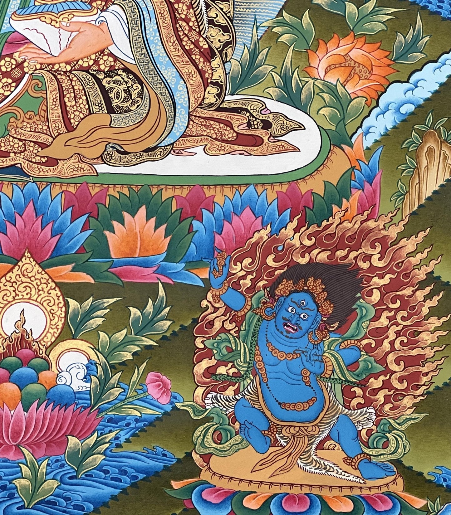 Original Hand - painted Guru Rinpoche/ PADMASAMBHAVA with Five Dhyani Buddha Masterpiece Tibetan Thangka Painting / Compassion Meditation Art - Tibetan Thangka Art