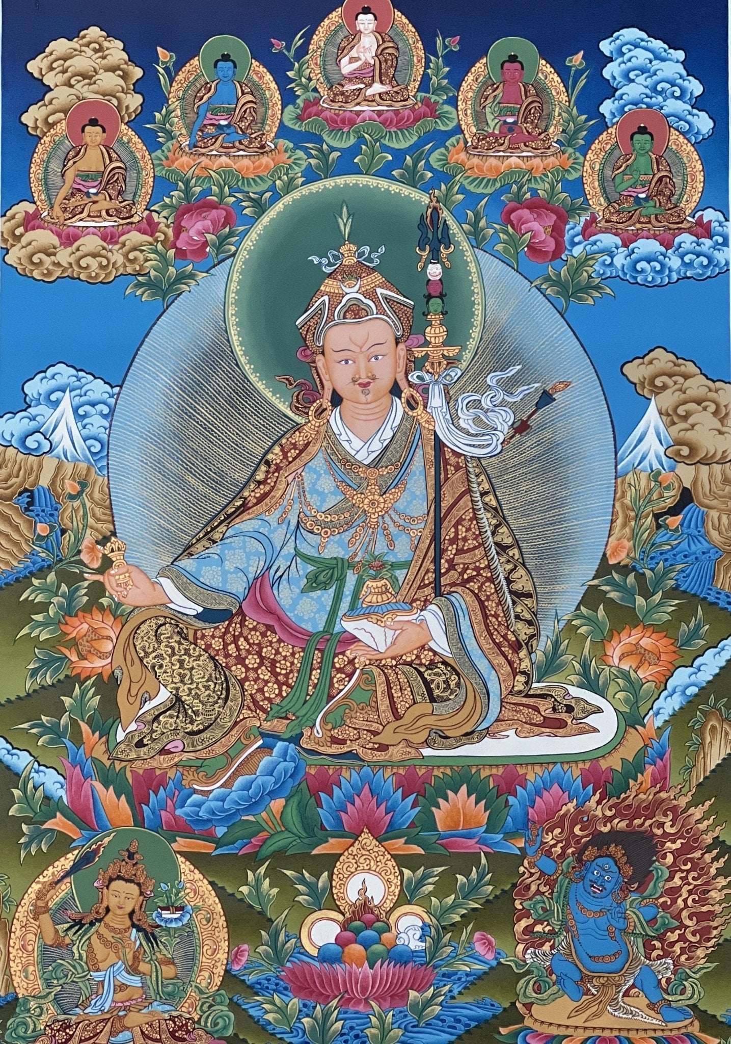 Original Hand - painted Guru Rinpoche/ PADMASAMBHAVA with Five Dhyani Buddha Masterpiece Tibetan Thangka Painting / Compassion Meditation Art - Tibetan Thangka Art