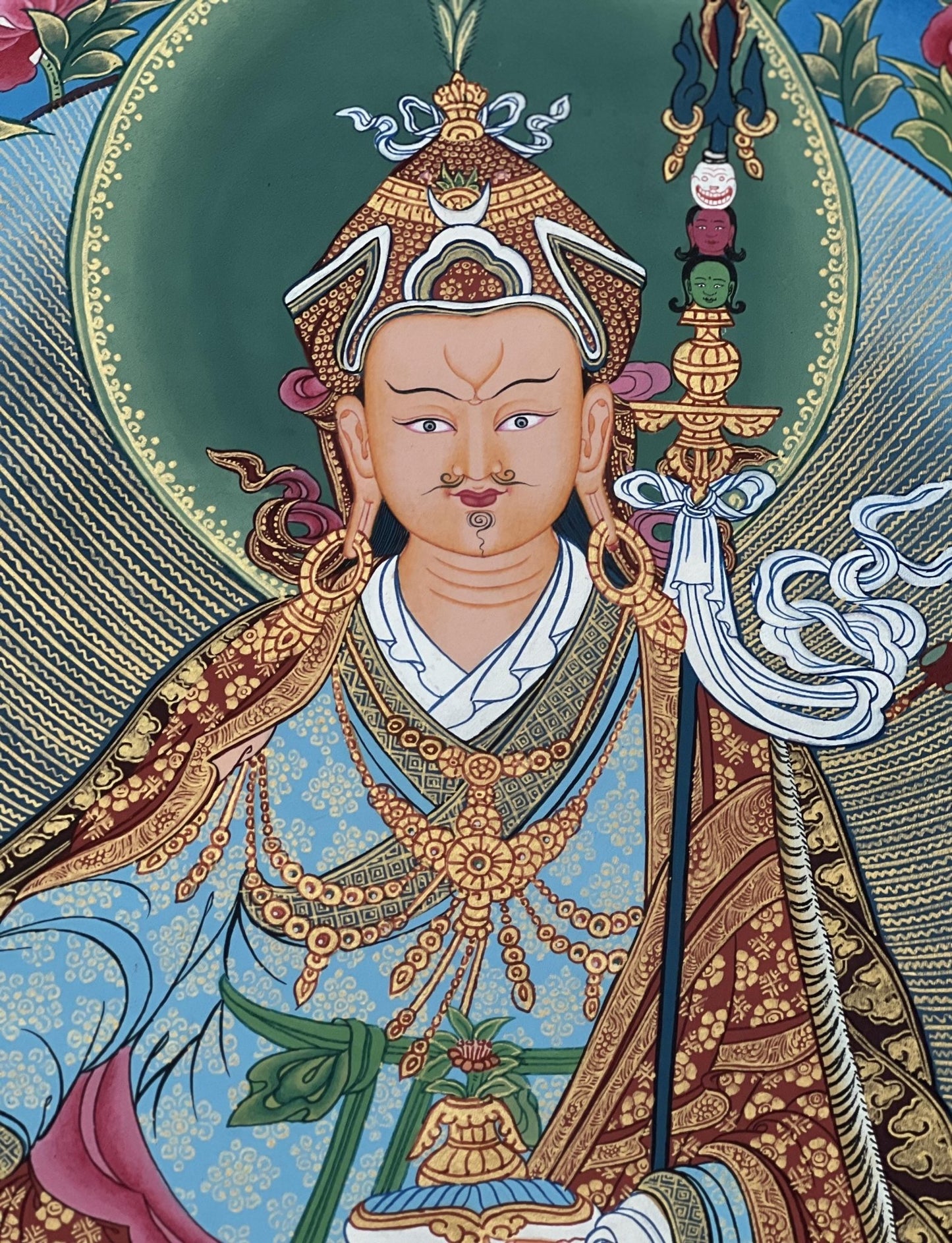 Original Hand - painted Guru Rinpoche/ PADMASAMBHAVA with Five Dhyani Buddha Masterpiece Tibetan Thangka Painting / Compassion Meditation Art - Tibetan Thangka Art
