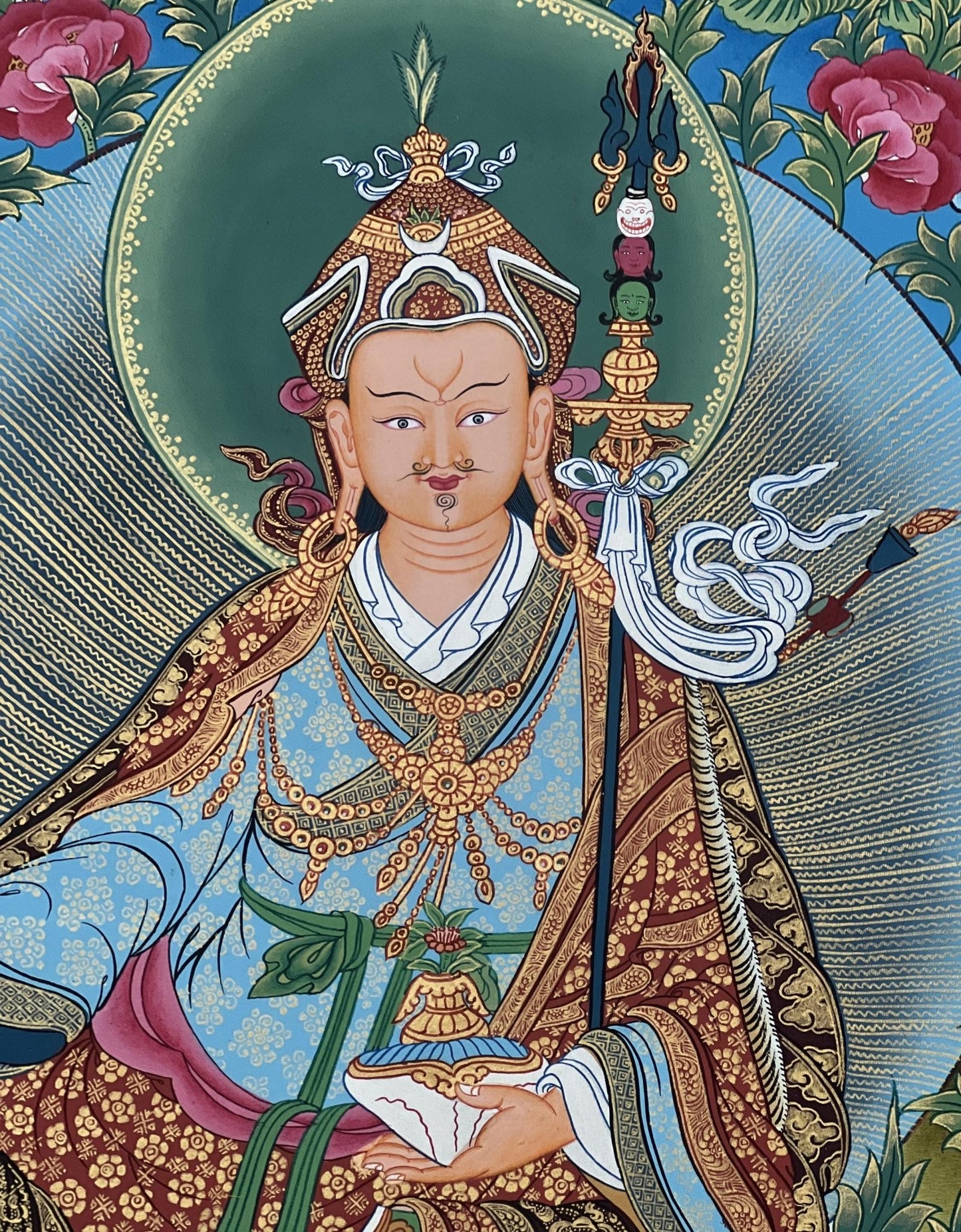 Original Hand - painted Guru Rinpoche/ PADMASAMBHAVA with Five Dhyani Buddha Masterpiece Tibetan Thangka Painting / Compassion Meditation Art - Tibetan Thangka Art