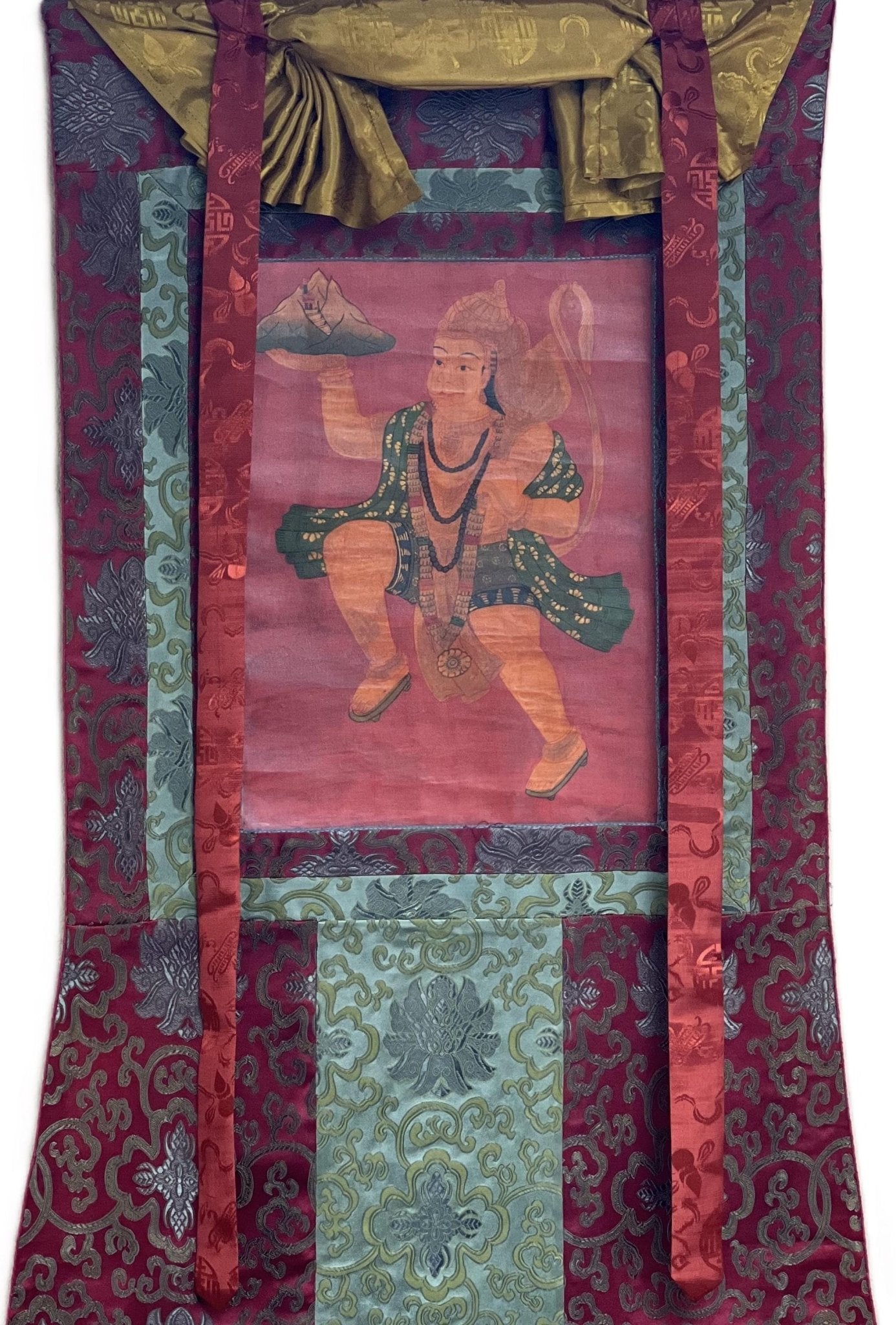 Original Hand - Painted Hanumana/Hanuman/Vajrangavali Oil - Varnished Old Thangka Painting With Silk Brocade - Tibetan Thangka Art