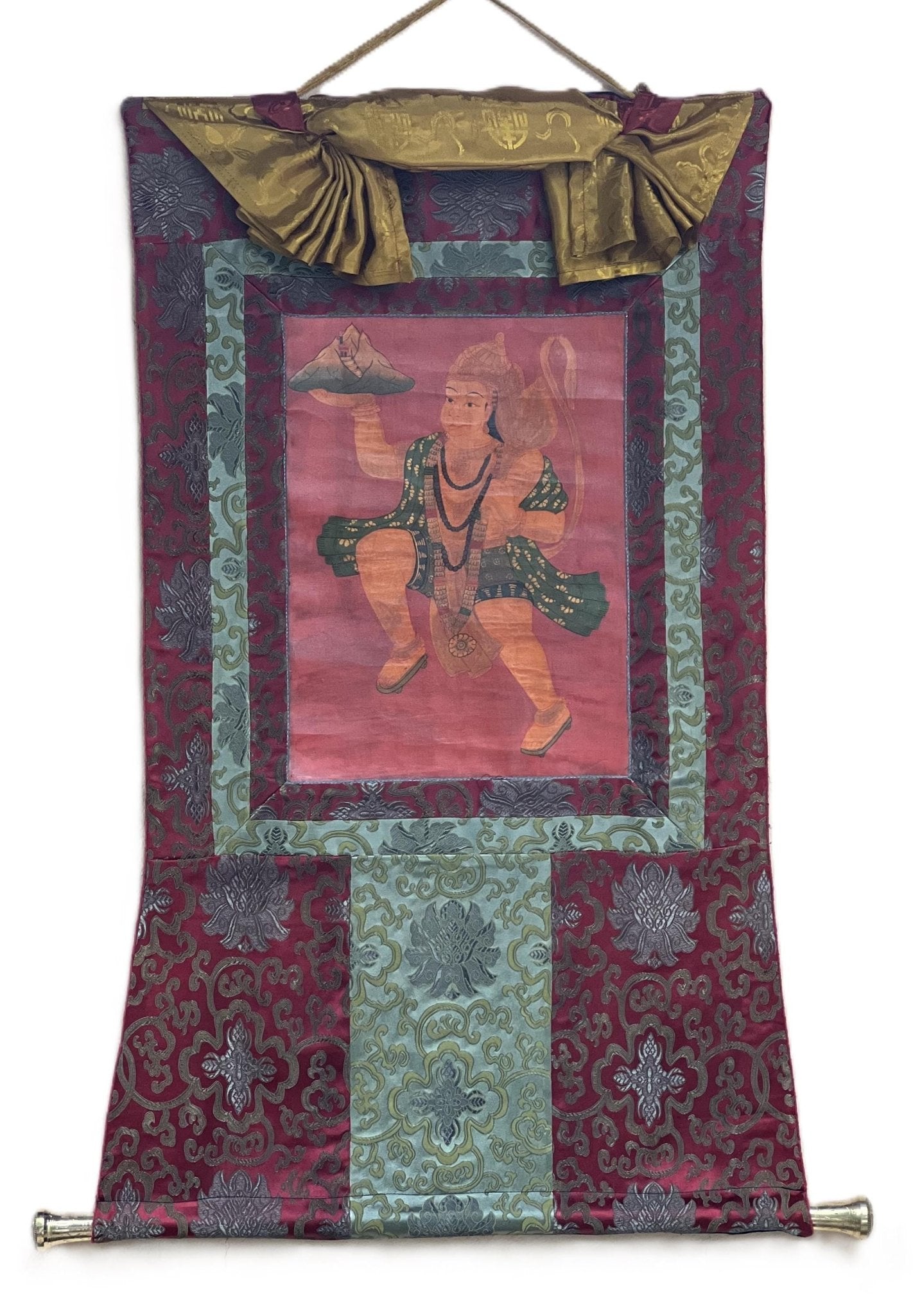 Original Hand - Painted Hanumana/Hanuman/Vajrangavali Oil - Varnished Old Thangka Painting With Silk Brocade - Tibetan Thangka Art