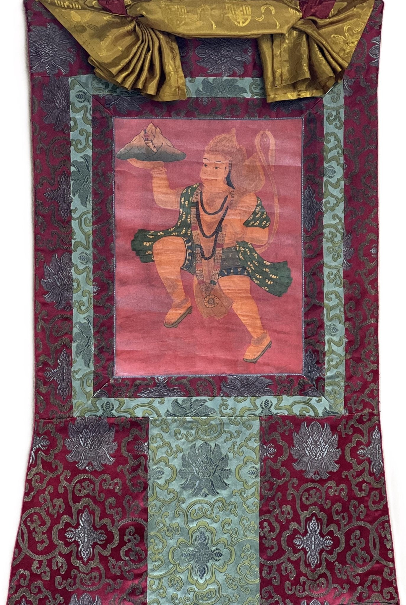 Original Hand - Painted Hanumana/Hanuman/Vajrangavali Oil - Varnished Old Thangka Painting With Silk Brocade - Tibetan Thangka Art