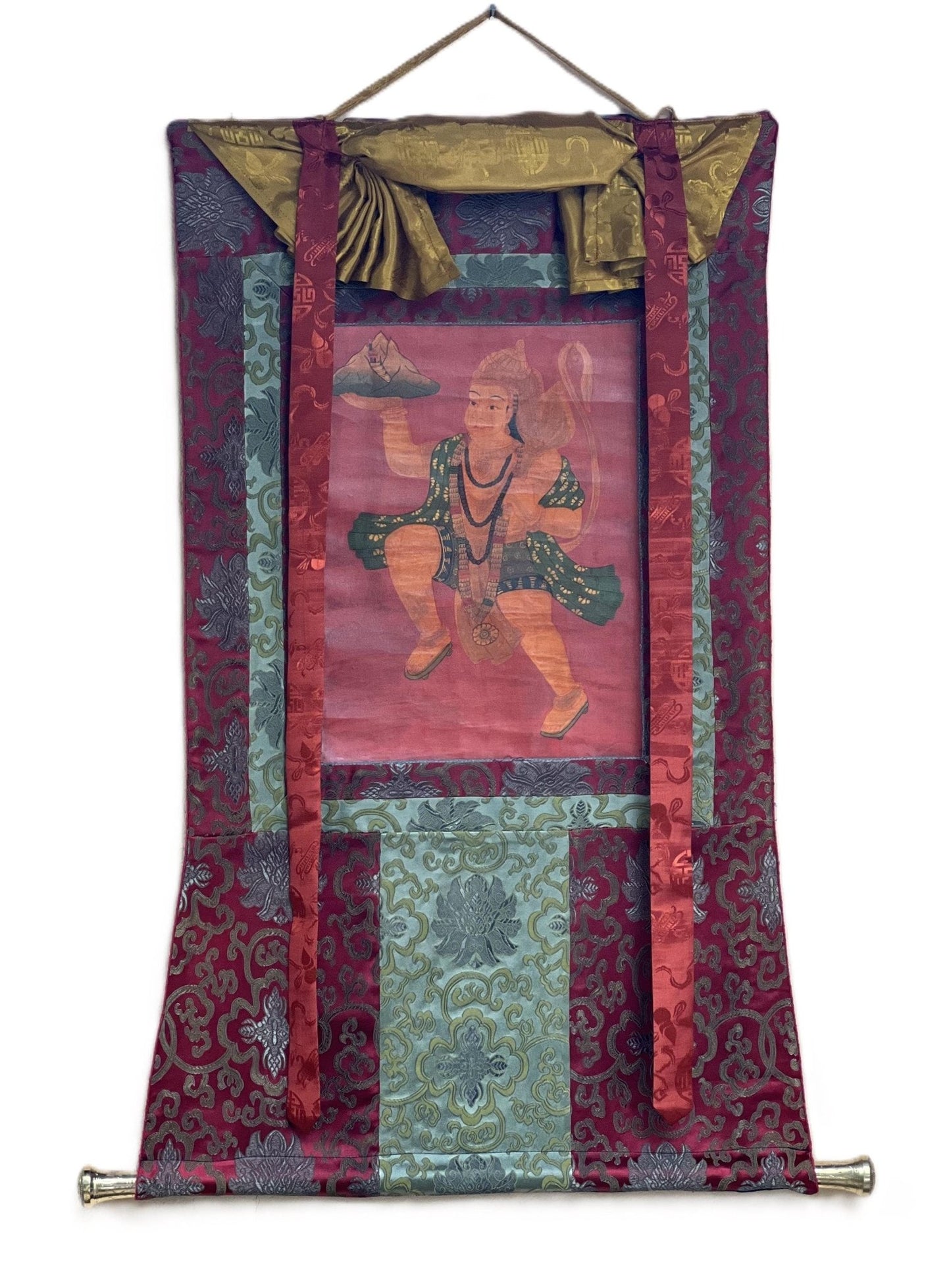 Original Hand - Painted Hanumana/Hanuman/Vajrangavali Oil - Varnished Old Thangka Painting With Silk Brocade - Tibetan Thangka Art