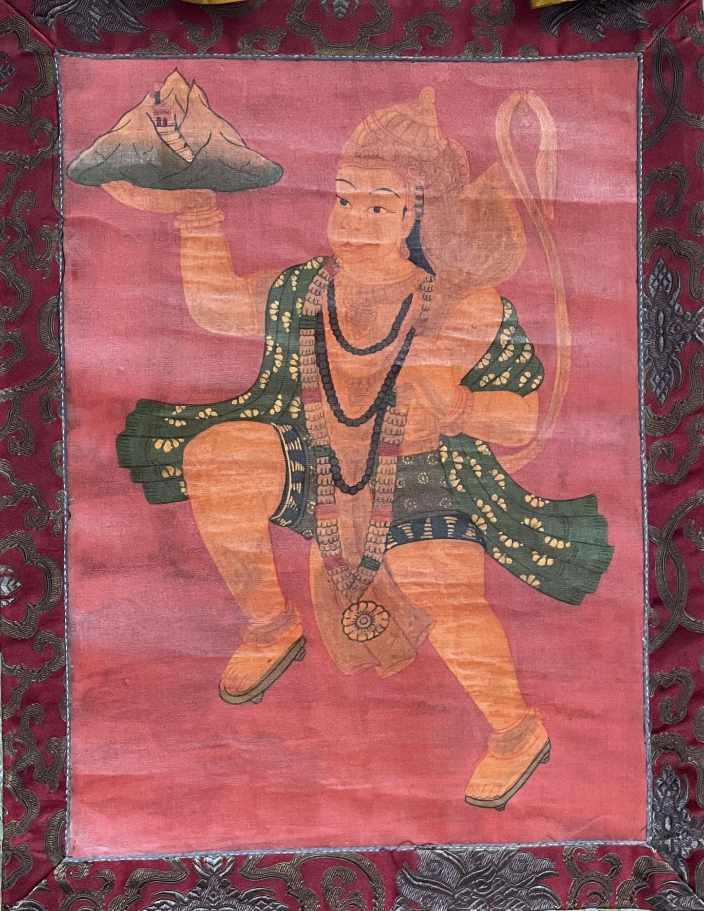 Original Hand - Painted Hanumana/Hanuman/Vajrangavali Oil - Varnished Old Thangka Painting With Silk Brocade - Tibetan Thangka Art