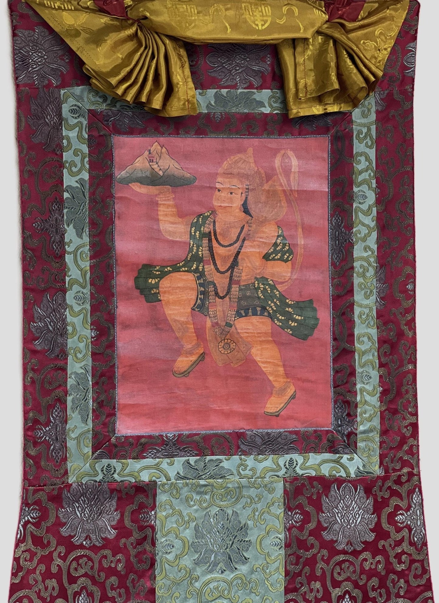 Original Hand - Painted Hanumana/Hanuman/Vajrangavali Oil - Varnished Old Thangka Painting With Silk Brocade - Tibetan Thangka Art