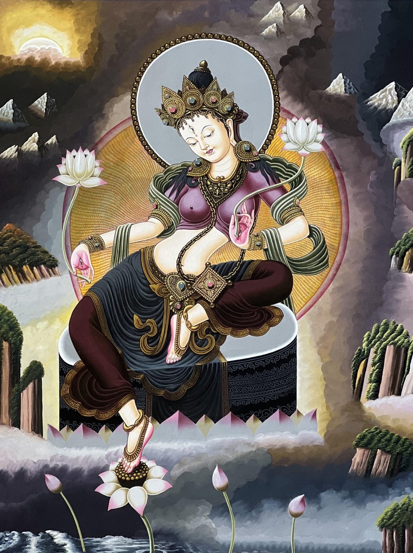 Original Hand - Painted High Quality Masterpiece Goddess White Tara/ Mother Tara Traditional Newari Paubha/ Pauva/ Thangka Painting - Tibetan Thangka Art