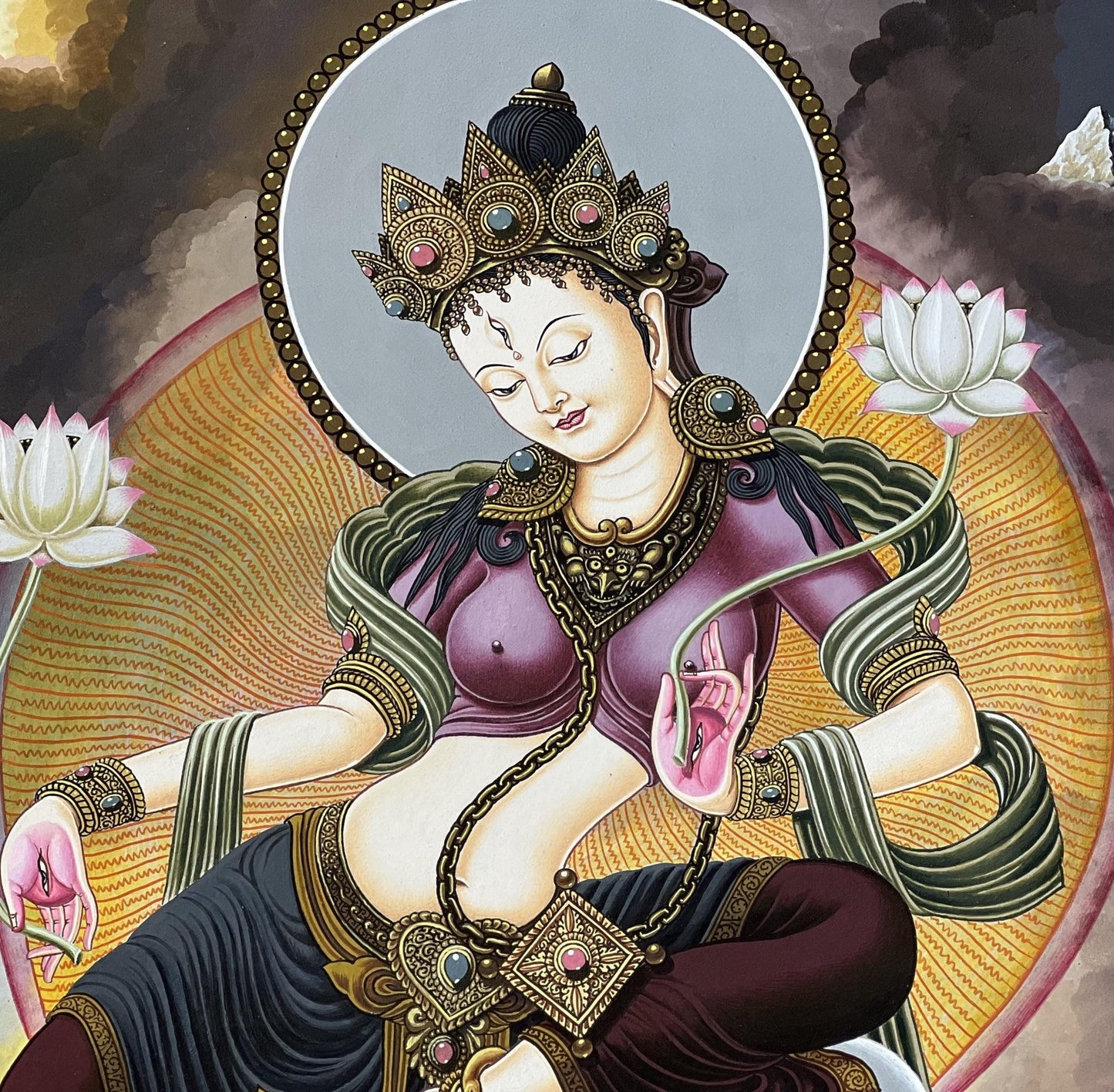 Original Hand - Painted High Quality Masterpiece Goddess White Tara/ Mother Tara Traditional Newari Paubha/ Pauva/ Thangka Painting - Tibetan Thangka Art