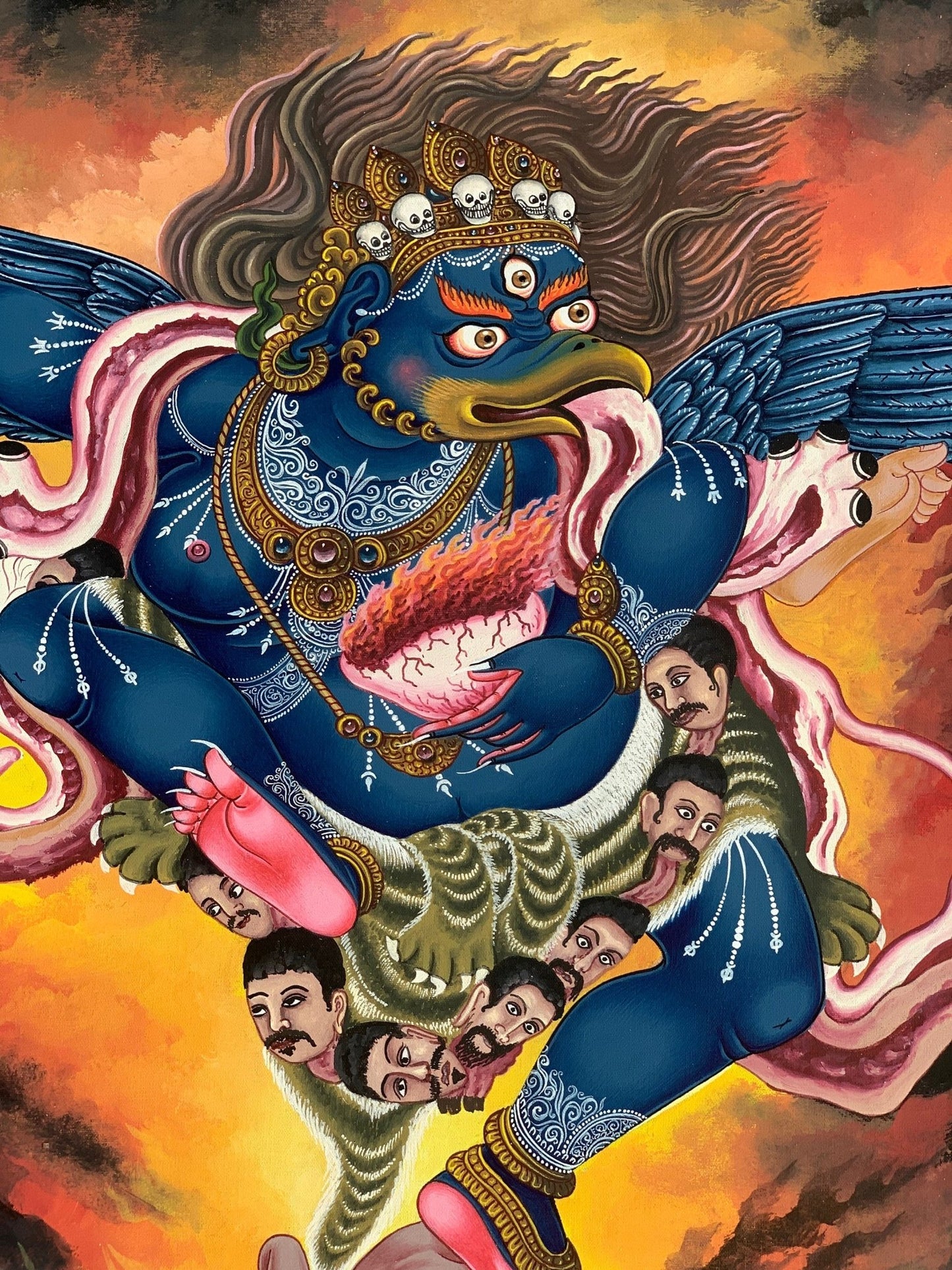 Original Hand Painted Hindu Demigod Garuda/ Eagle Celestial Deva Man with Wings Protector Rare Masterpiece Newari Thangka/Paubha Painting - Tibetan Thangka Art