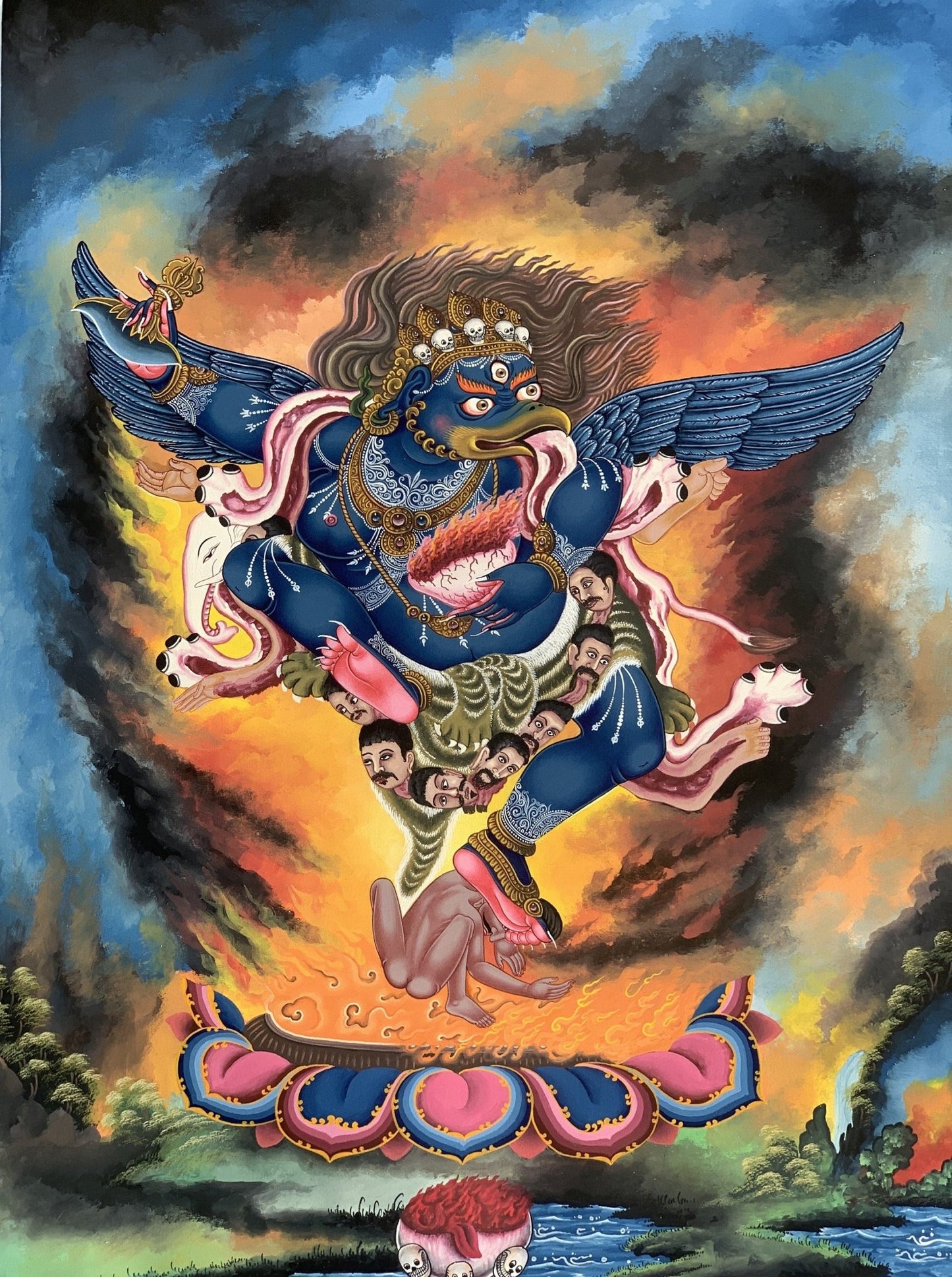 Original Hand Painted Hindu Demigod Garuda/ Eagle Celestial Deva Man with Wings Protector Rare Masterpiece Newari Thangka/Paubha Painting - Tibetan Thangka Art